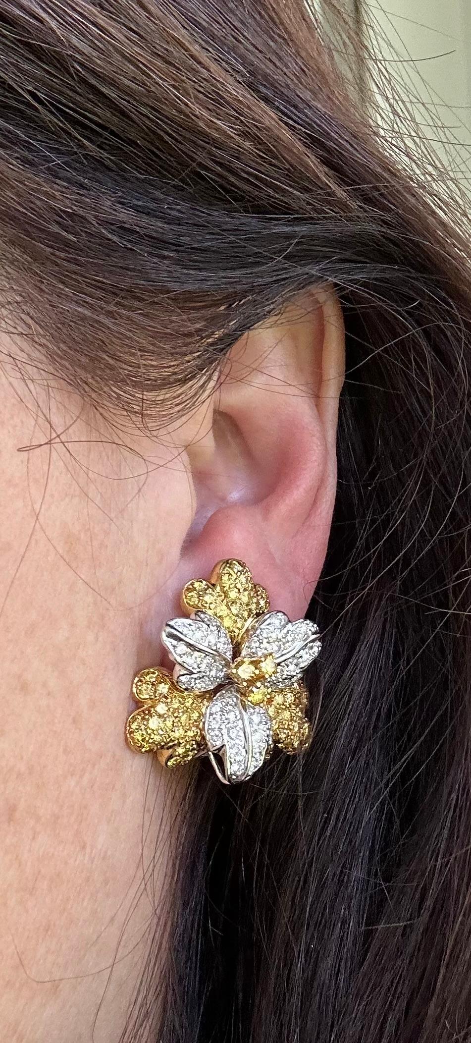 Fancy Yellow and White Diamond Flower Ear Clips  In Good Condition For Sale In Denver, CO