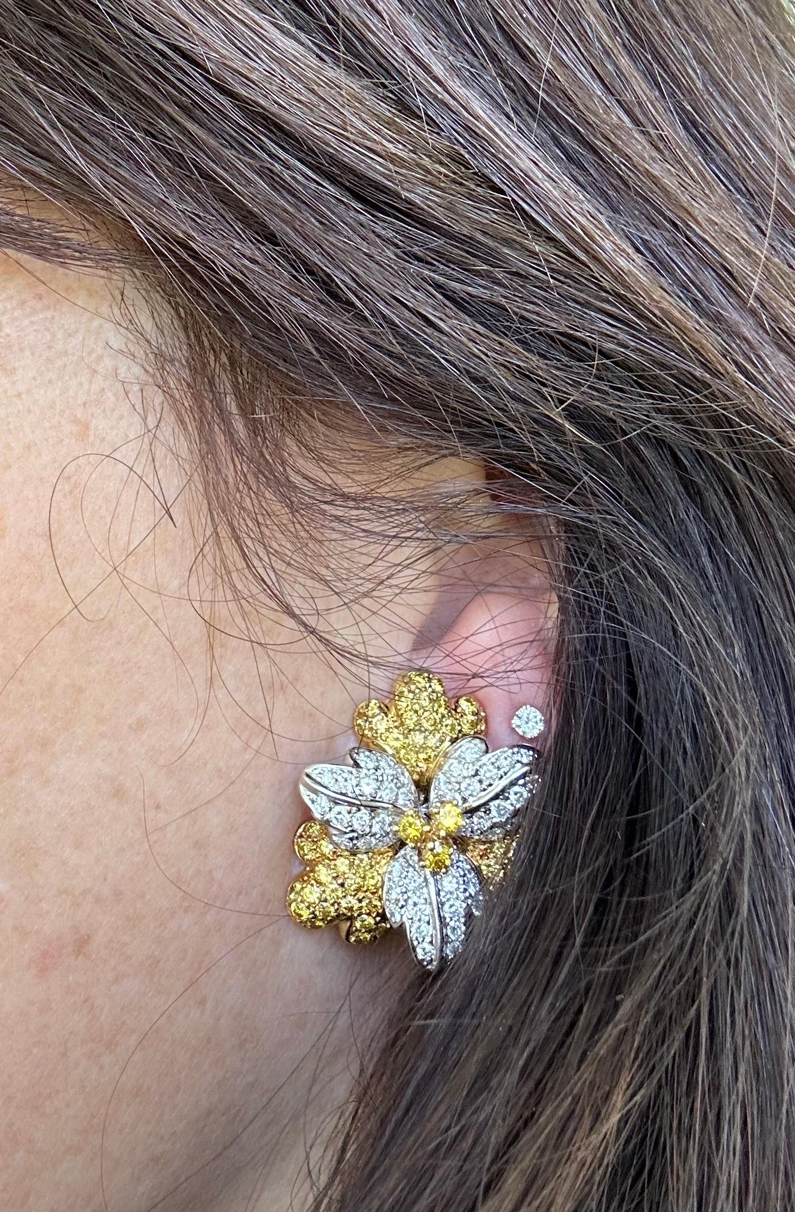 Women's Fancy Yellow and White Diamond Flower Ear Clips  For Sale