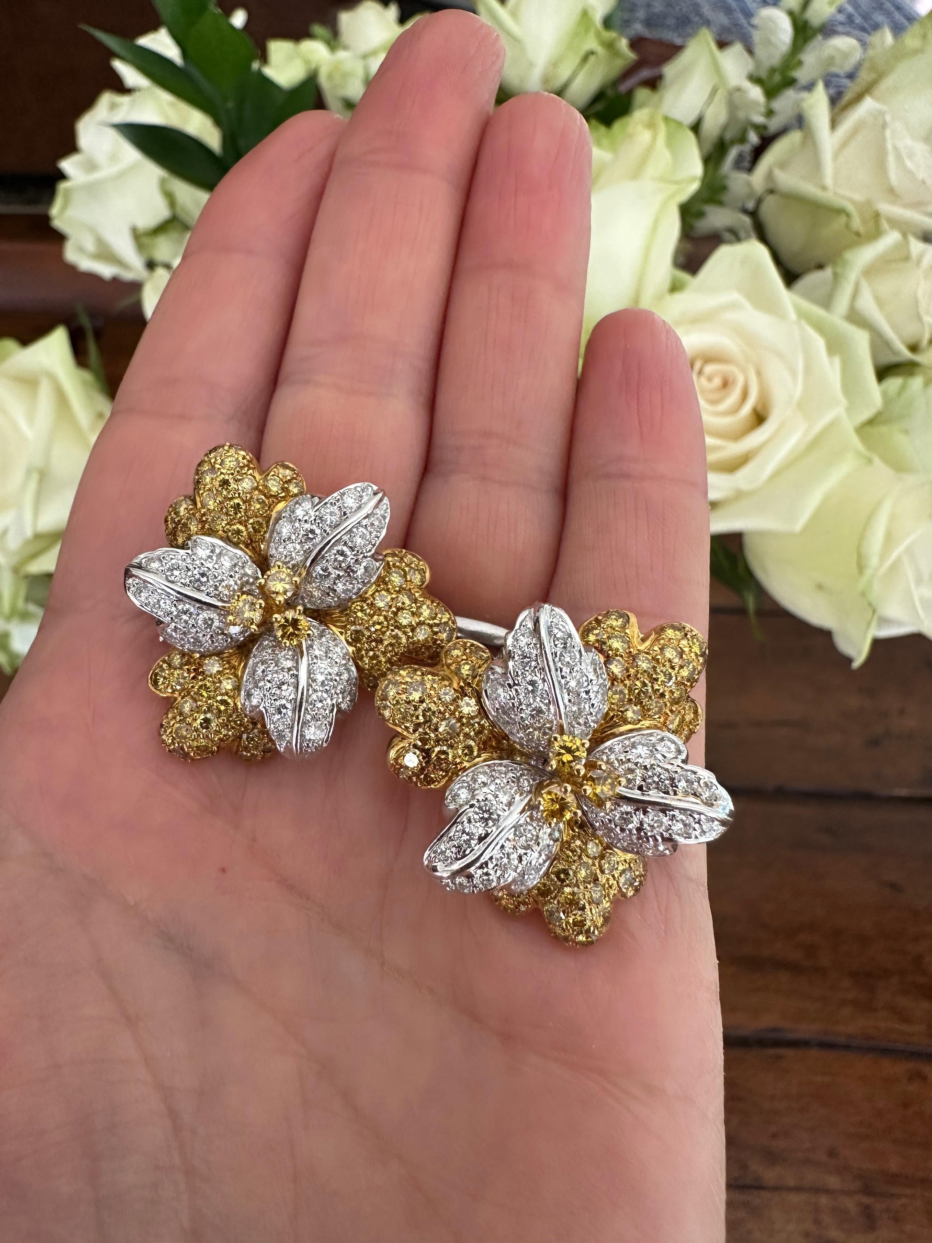 Fancy Yellow and White Diamond Flower Ear Clips  For Sale 1