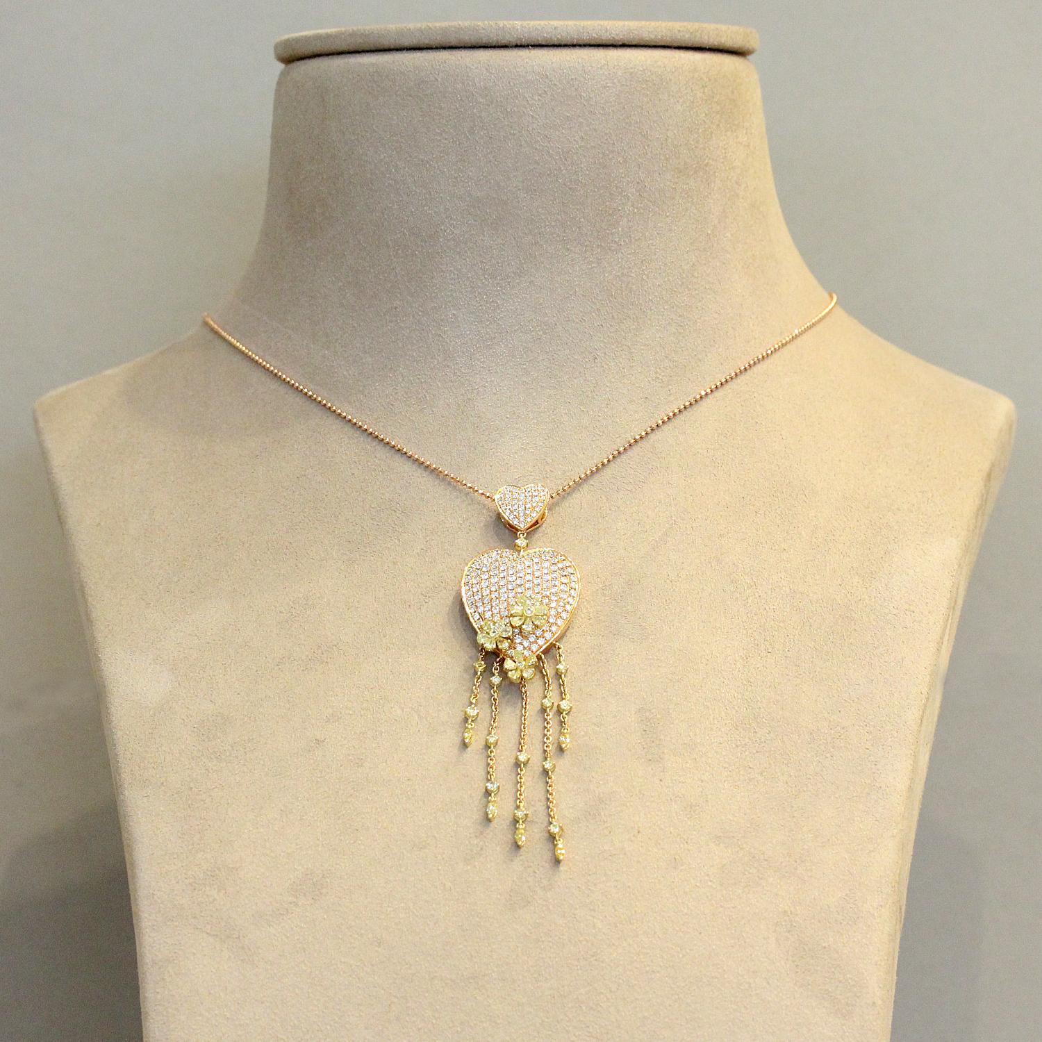 Women's or Men's Fancy Yellow and White Diamond Gold Heart Flower Chandelier Pendant