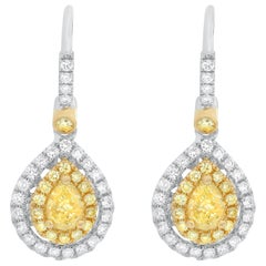 Fancy Yellow and White Diamond Lever Back Earrings Set in 18 Karat Gold