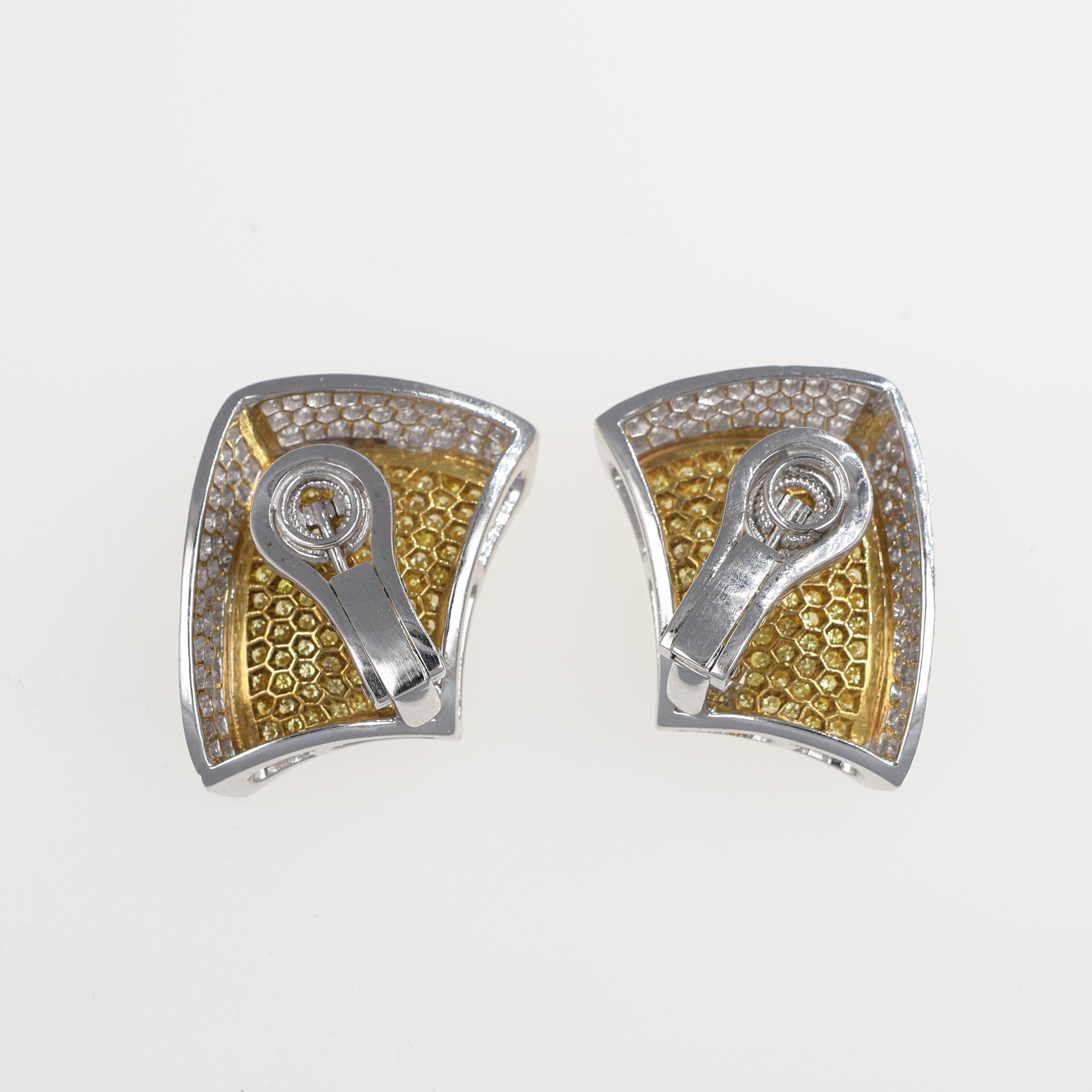 Brilliant Cut Fancy Yellow and White Diamond Pavé Stud Earrings in White Gold For Sale