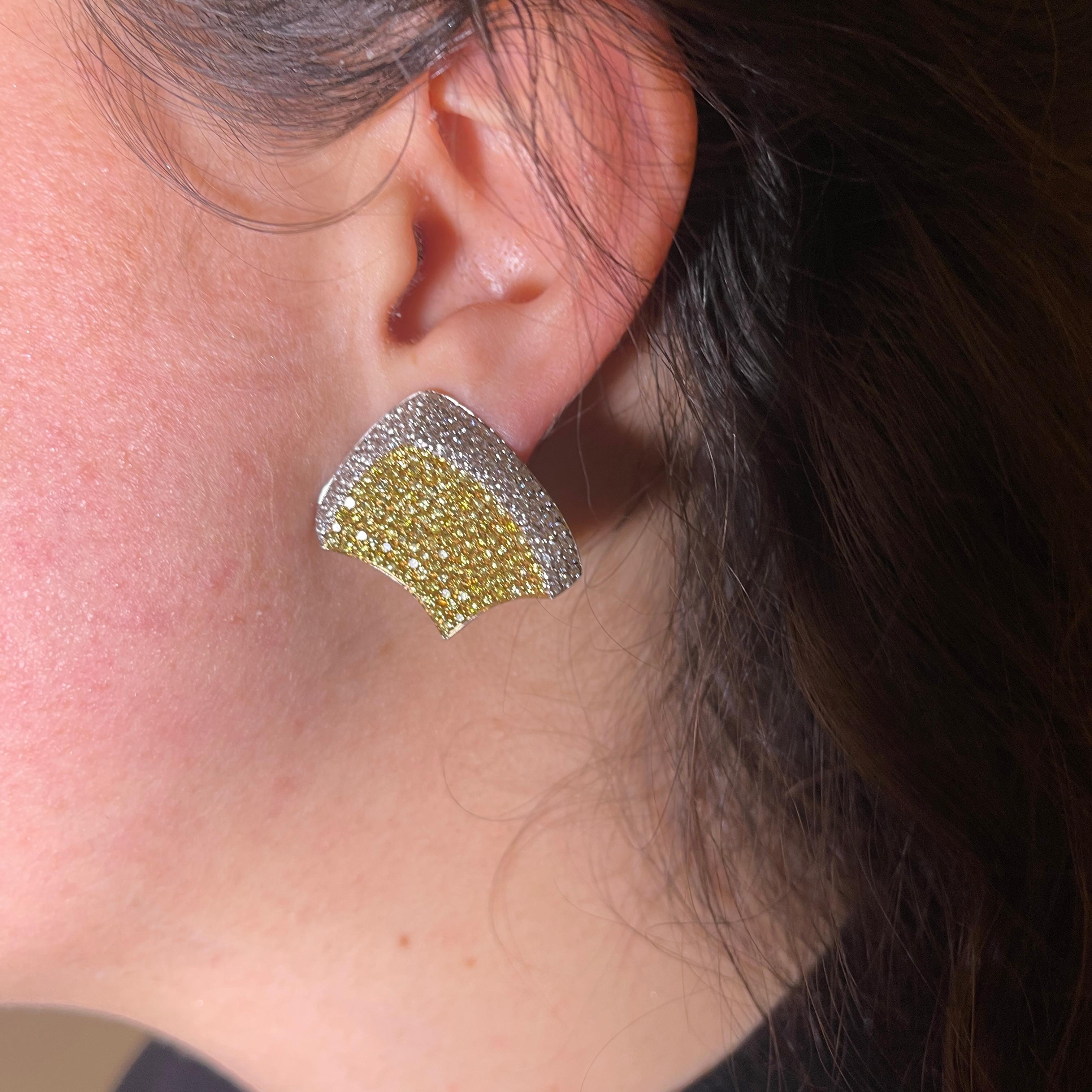 Fancy Yellow and White Diamond Pavé Stud Earrings in White Gold For Sale 1