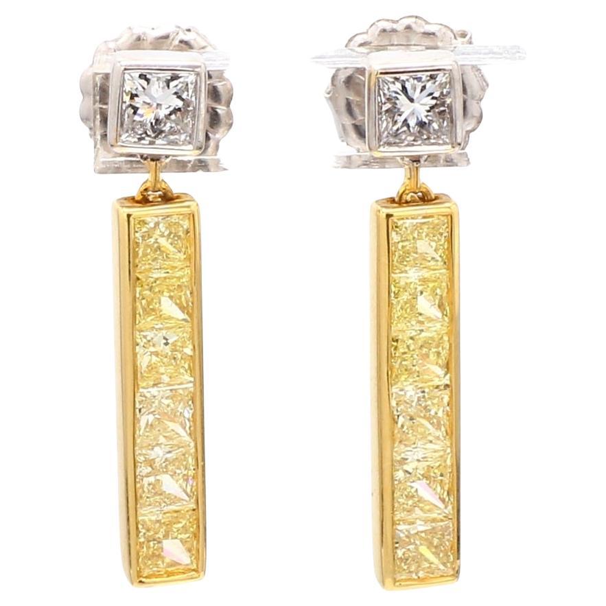 Fancy Yellow and White Diamond Princess Cut Gold Earrings