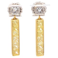 Fancy Yellow and White Diamond Princess Cut Gold Earrings
