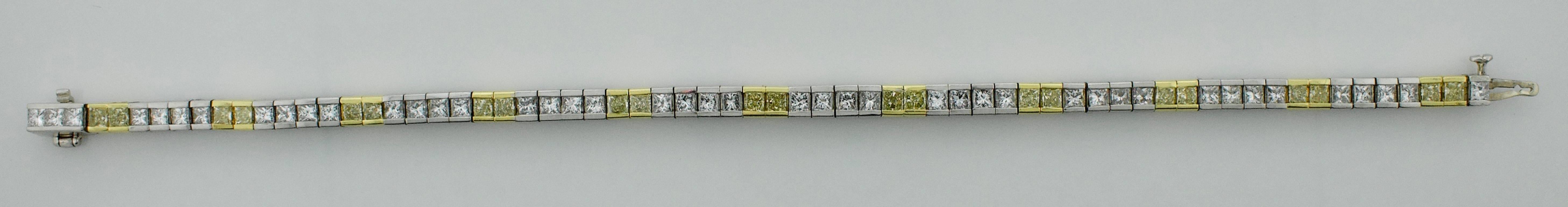 Fancy Yellow and White Diamond Tennis Bracelet in Platinum and 18k 7.25 Carats In Excellent Condition In Wailea, HI