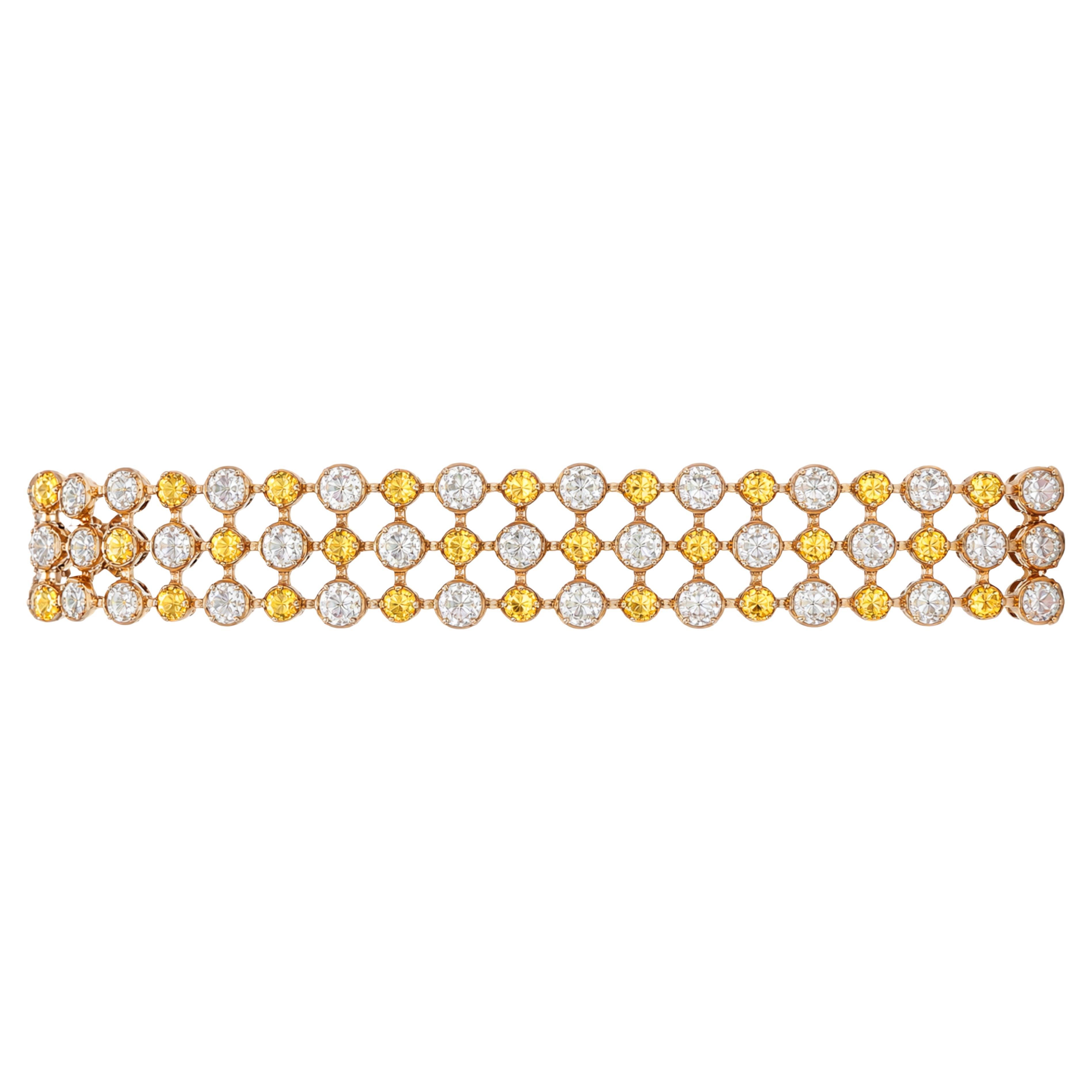 Fancy Yellow and White Diamond Three-Row Bracelet 18K Yellow Gold  Approximatel For Sale