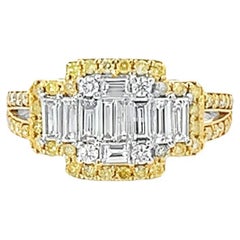 Fancy Yellow and White Natural Cluster Illusion Set Diamond Ring