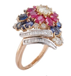 Fancy Yellow Central Diamond Sapphires Rubies Rose, White Gold Ring