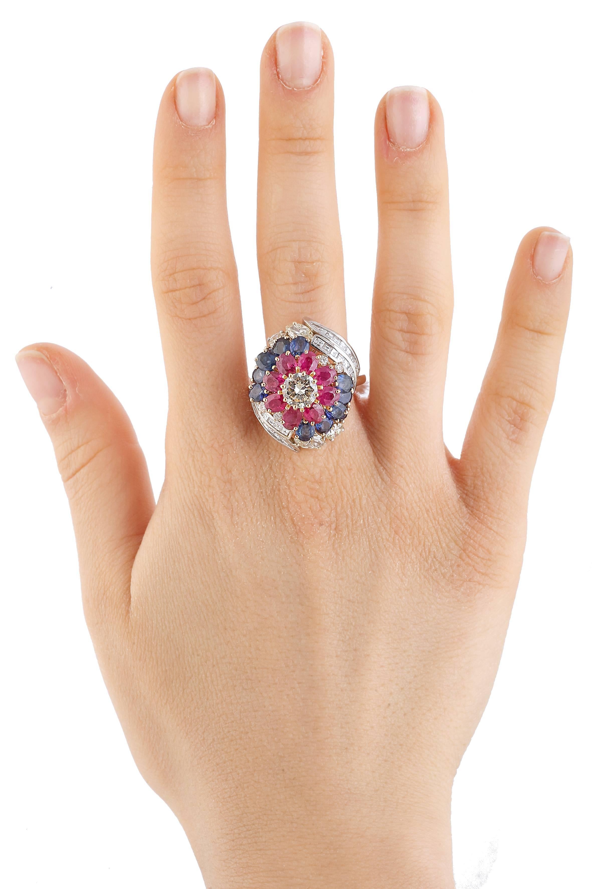 Fancy Yellow Central Diamond Sapphires Rubies Rose, White Gold Ring In Excellent Condition For Sale In Marcianise, Marcianise (CE)