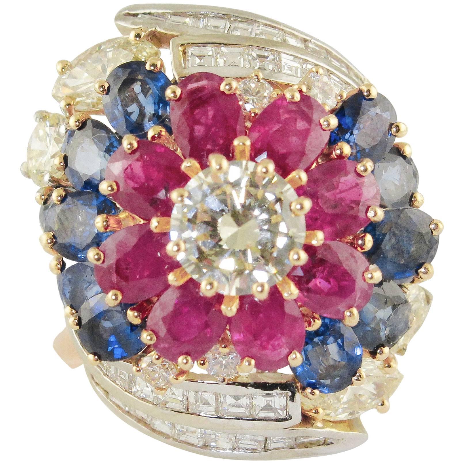 Fancy Yellow Central Diamond Sapphires Rubies Rose, White Gold Ring