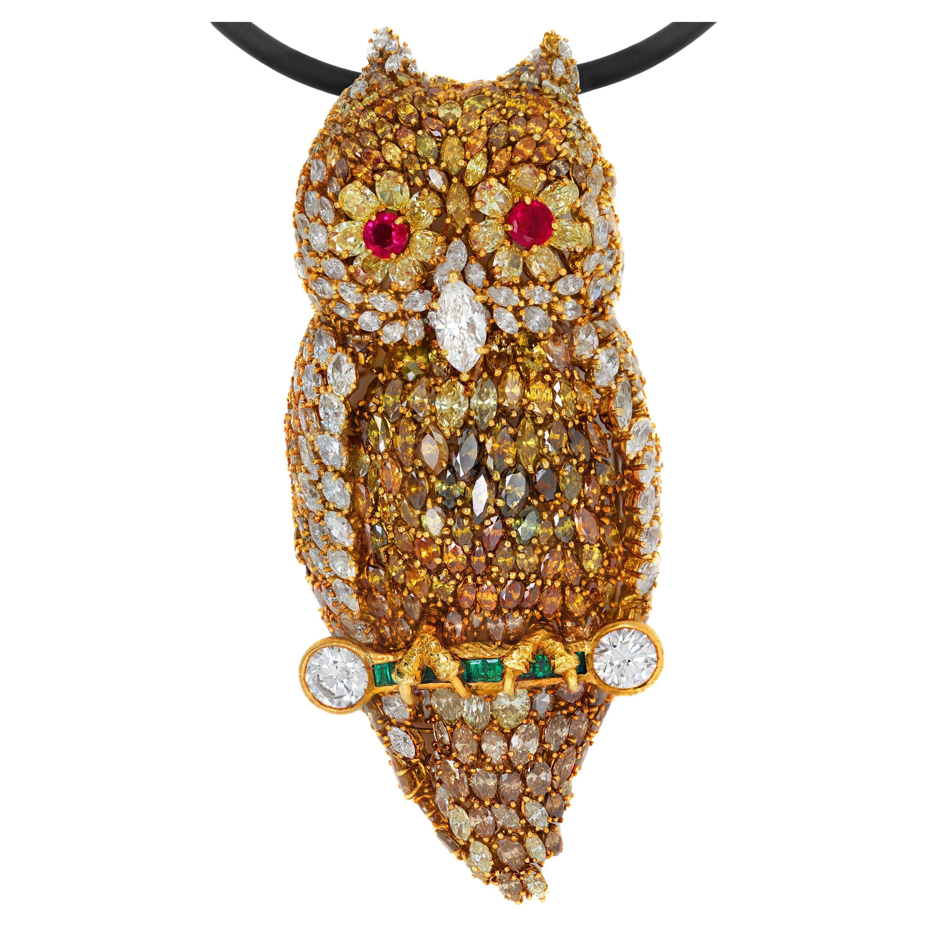 Fancy Yellow Cognac Champagne White All Diamonds Ruby Emerald Large Owl Pendant For Sale