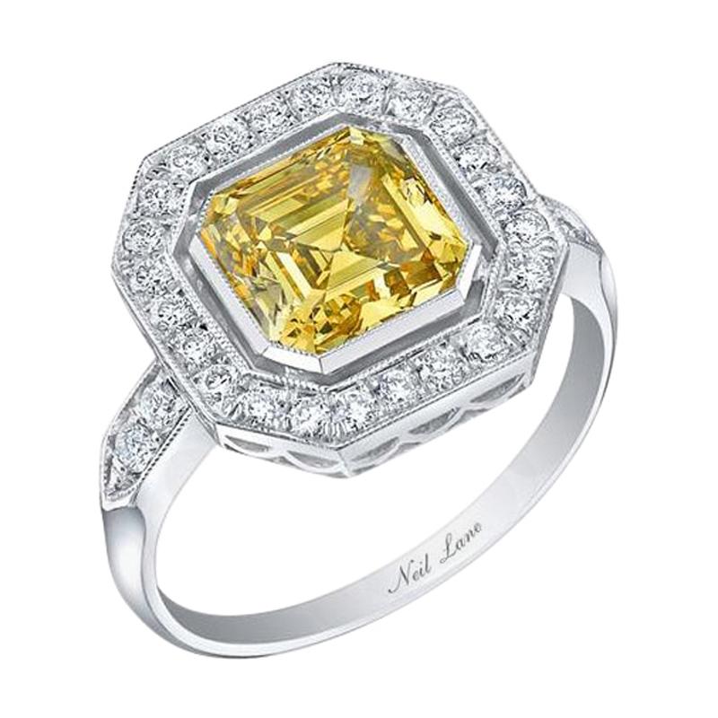 Neil Lane Couture Fancy Yellow Color Square Emerald-Cut Diamond, Platinum Ring For Sale