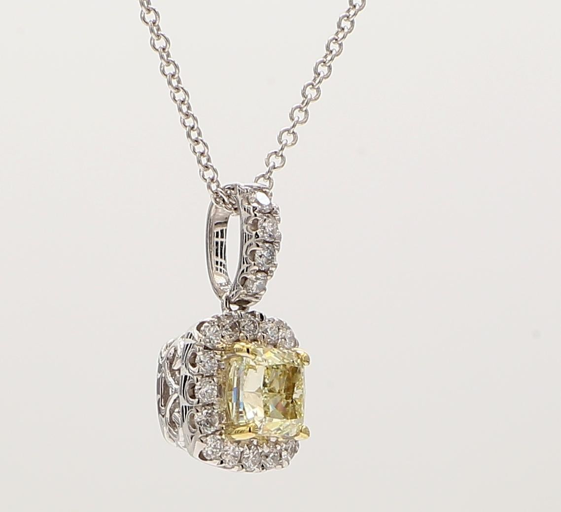 Contemporary Natural Yellow Cushion and White Diamond .96 Carat TW Gold Drop Pendant