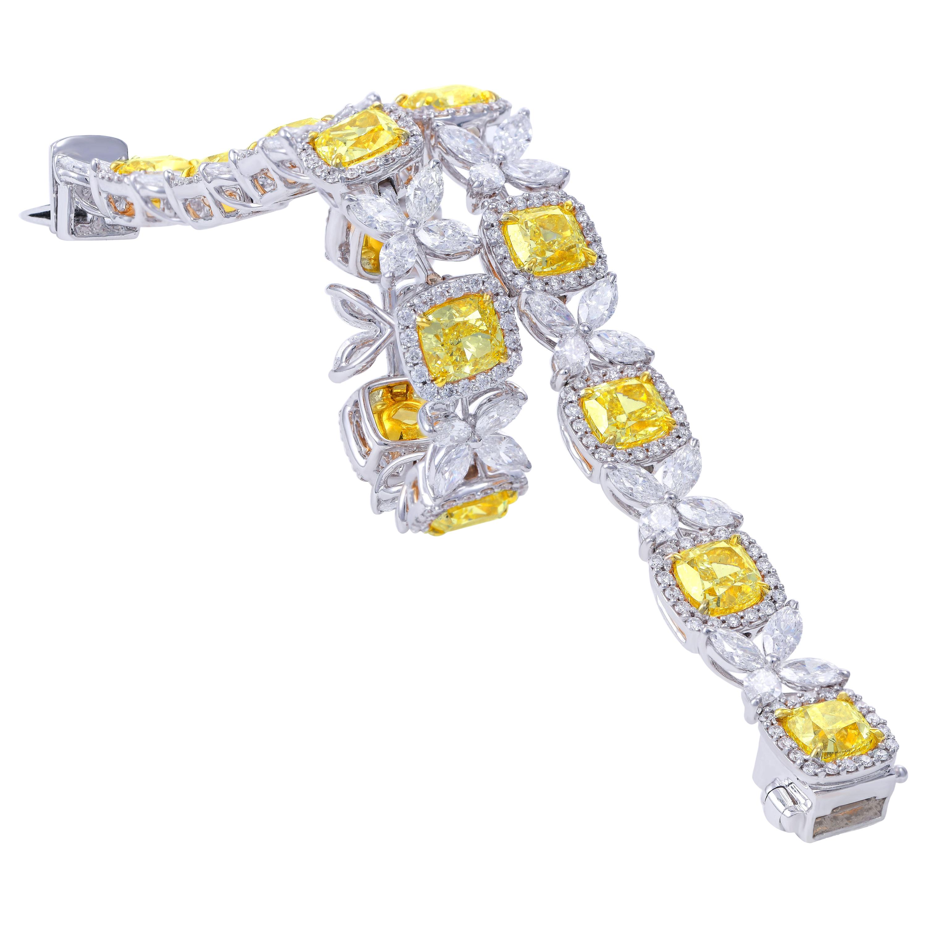 Fancy Yellow Cushion and White Halo Bracelet, 15.06 Carat For Sale