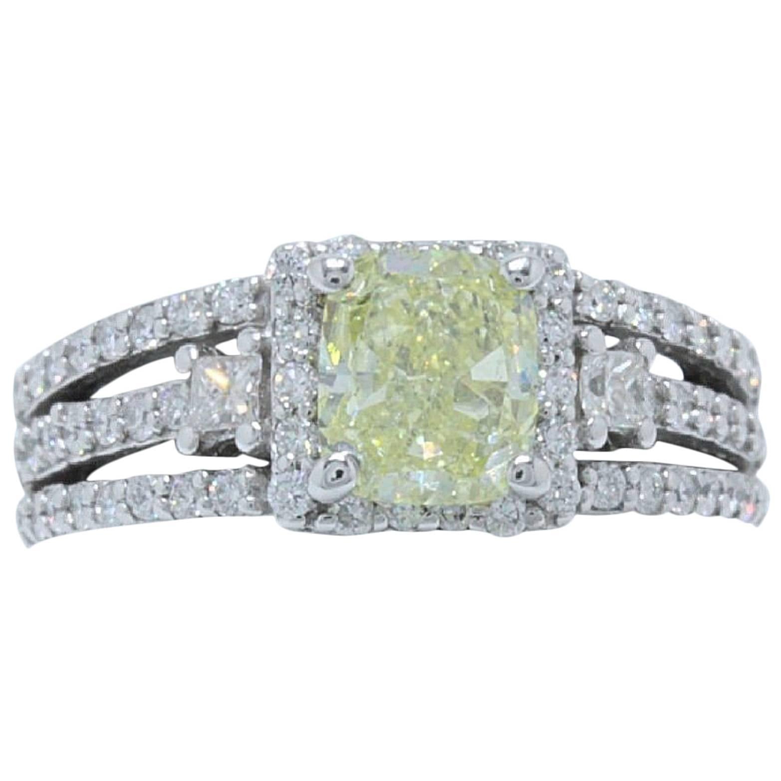 Fancy Yellow Cushion Cut 1.96 Carat Diamond Ring in 14 Karat White Gold GIA For Sale