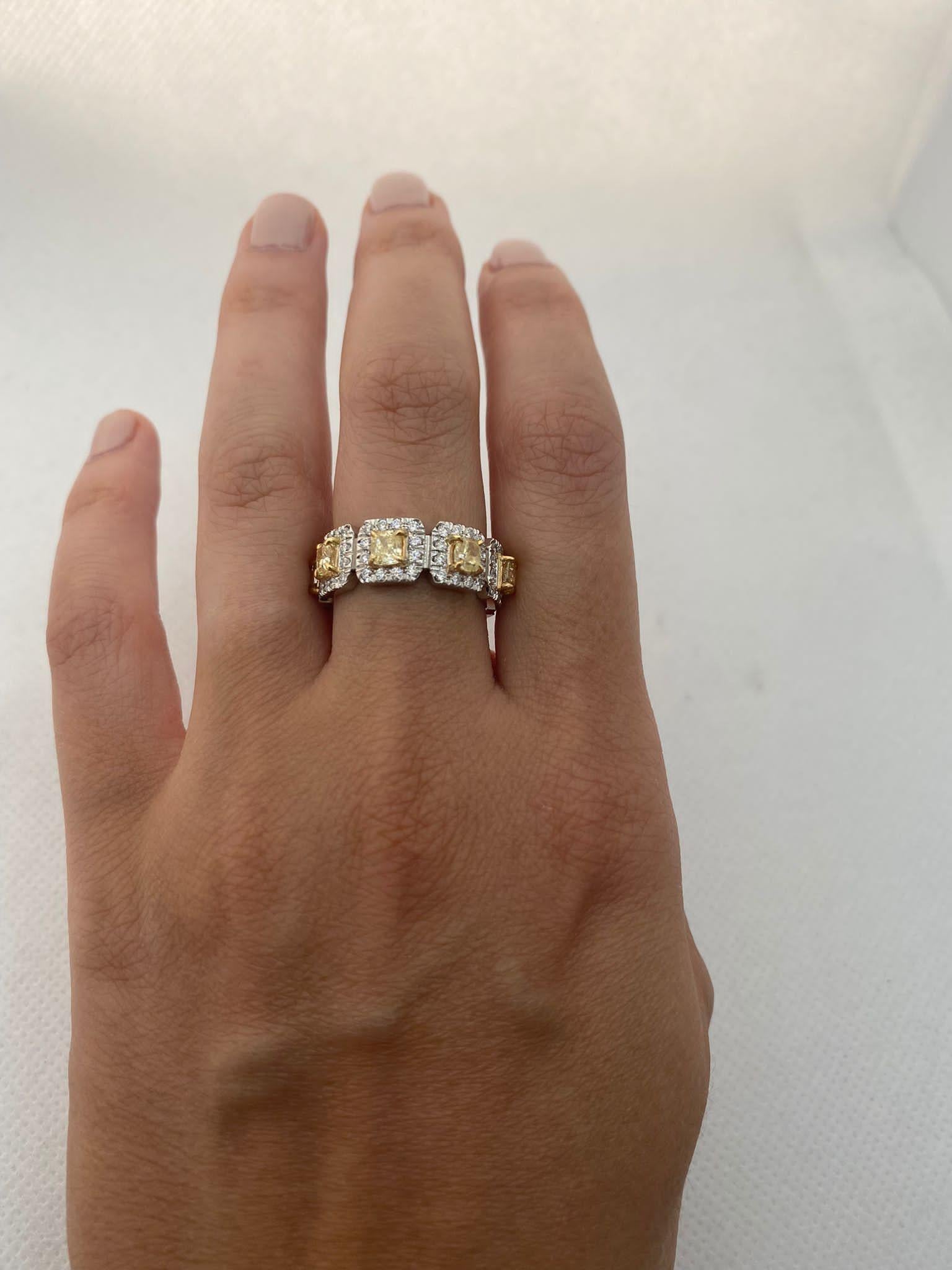 Fancy Yellow Cushion Cut and White Diamond Band Ring In New Condition For Sale In New York, NY