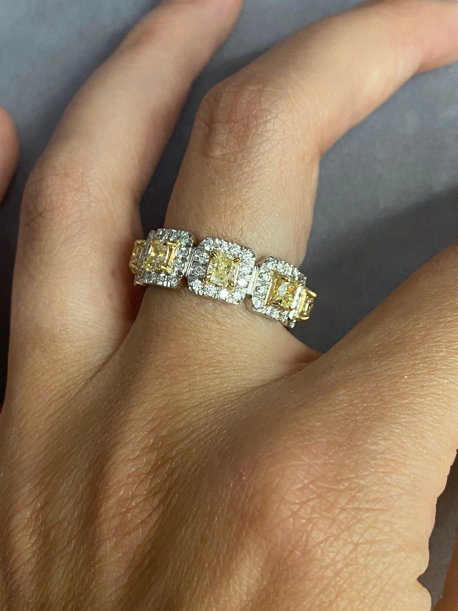 Fancy Yellow Cushion Cut and White Diamond Band Ring For Sale 1