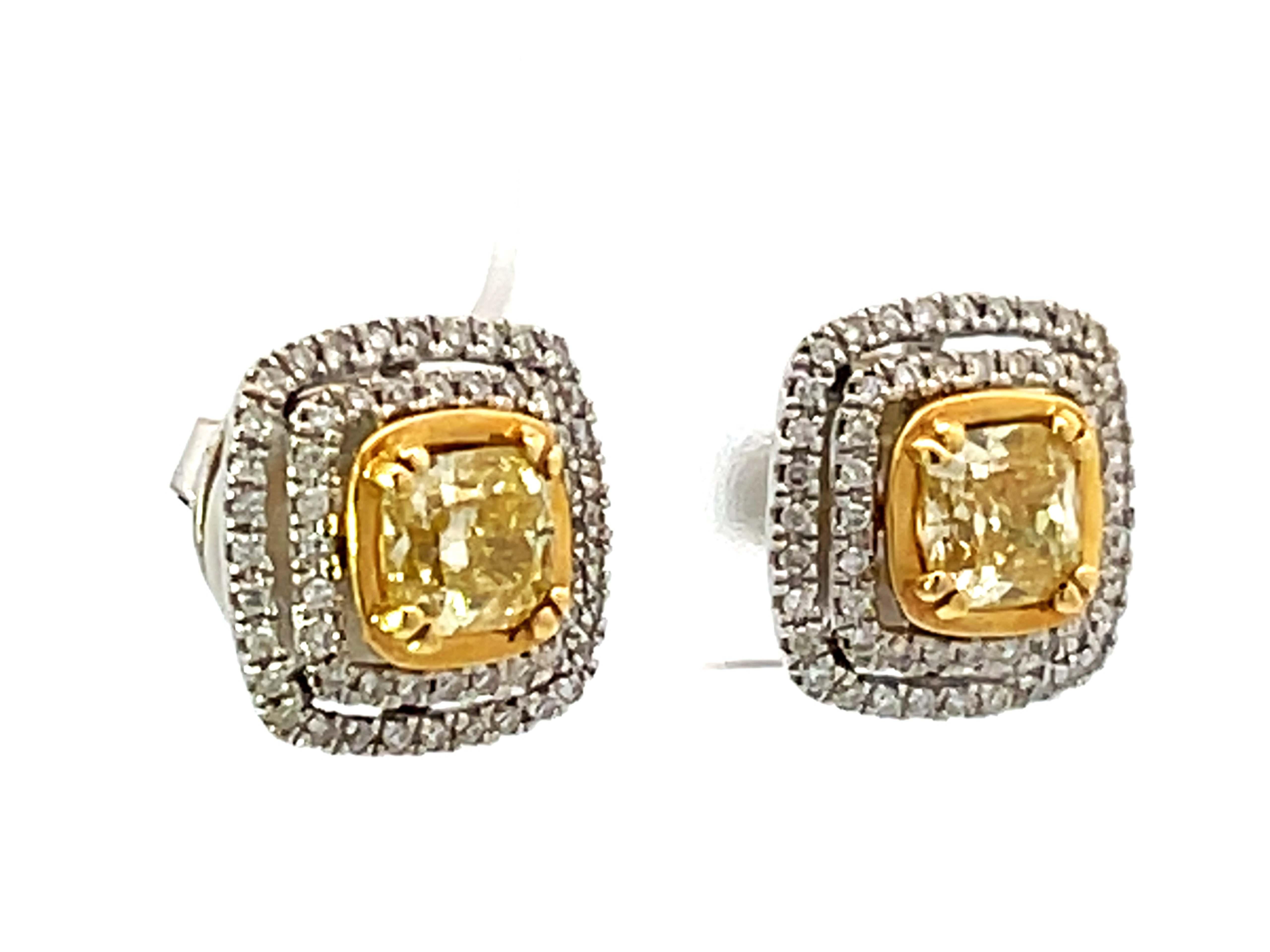 Modern Fancy Yellow Cushion Cut Diamond Earrings with Double Diamond Halo 18k Gold For Sale