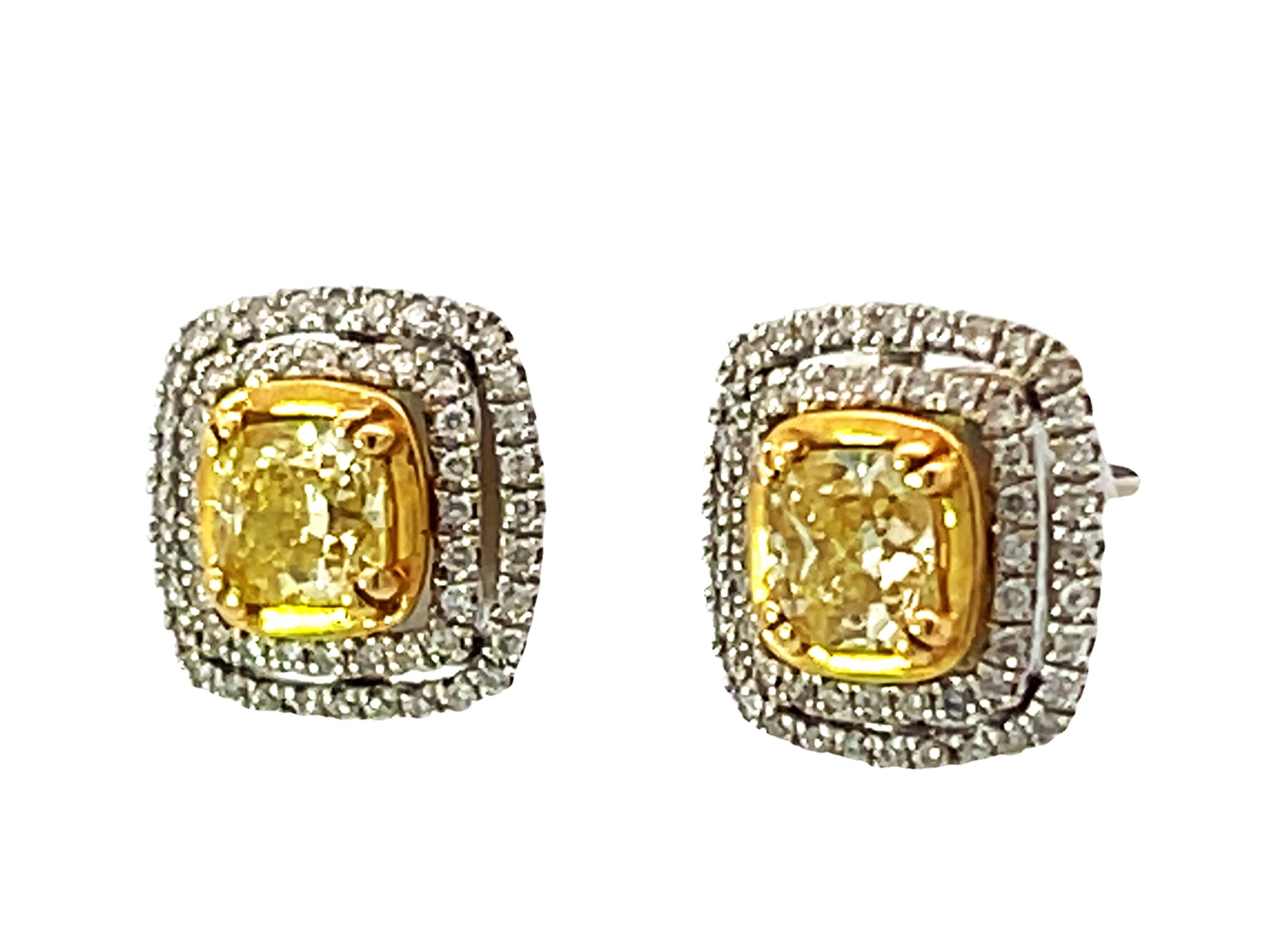 Fancy Yellow Cushion Cut Diamond Earrings with Double Diamond Halo 18k Gold In Excellent Condition For Sale In Honolulu, HI