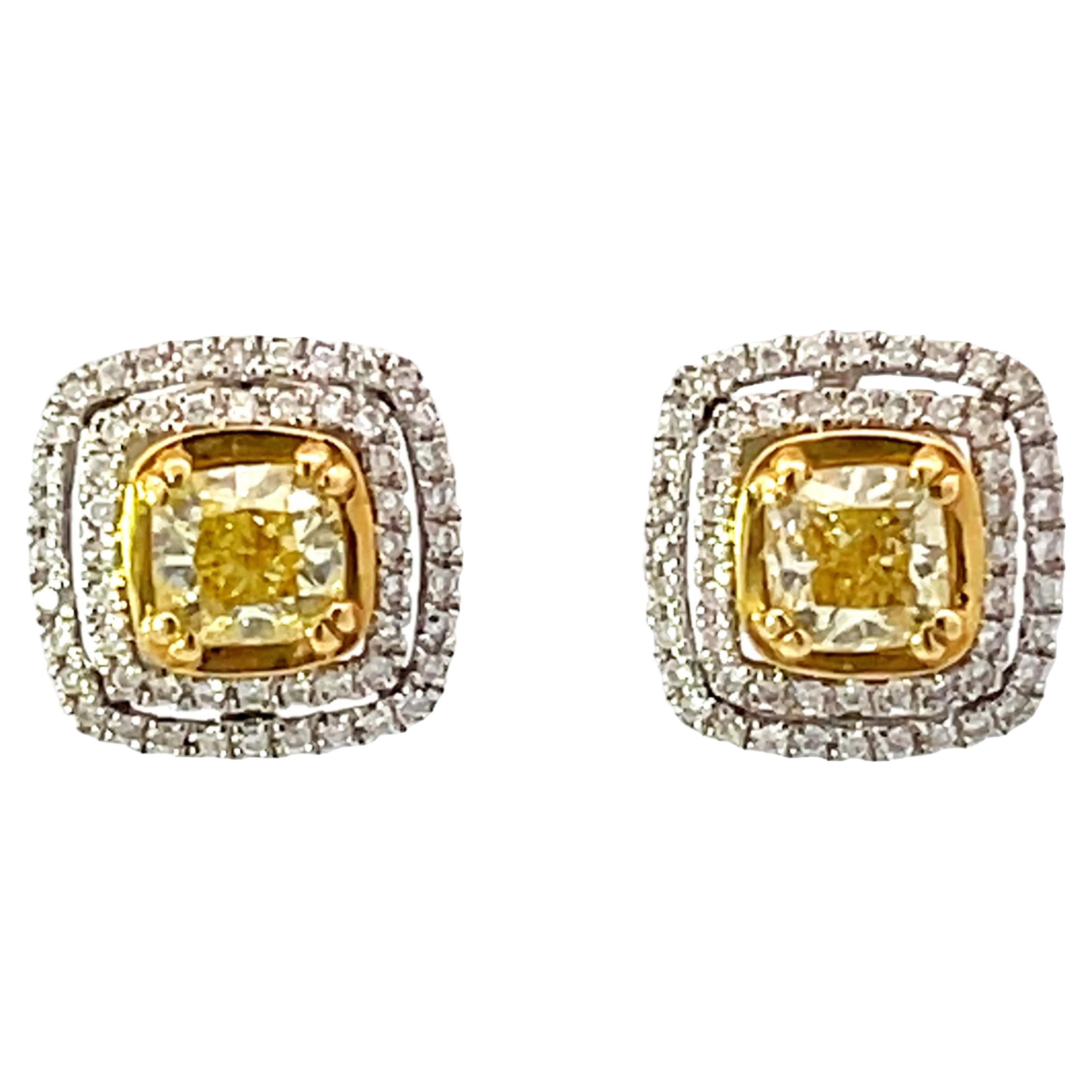 Fancy Yellow Cushion Cut Diamond Earrings with Double Diamond Halo 18k Gold For Sale