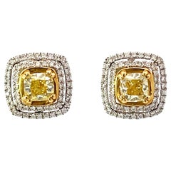 Fancy Yellow Cushion Cut Diamond Earrings with Double Diamond Halo 18k Gold