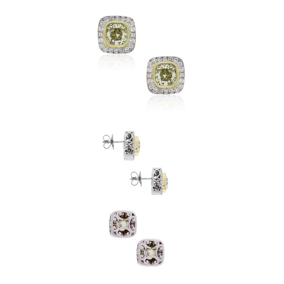 Gelbe Diamant-Halo-Ohrringe mit Kissenschliff Damen im Angebot
