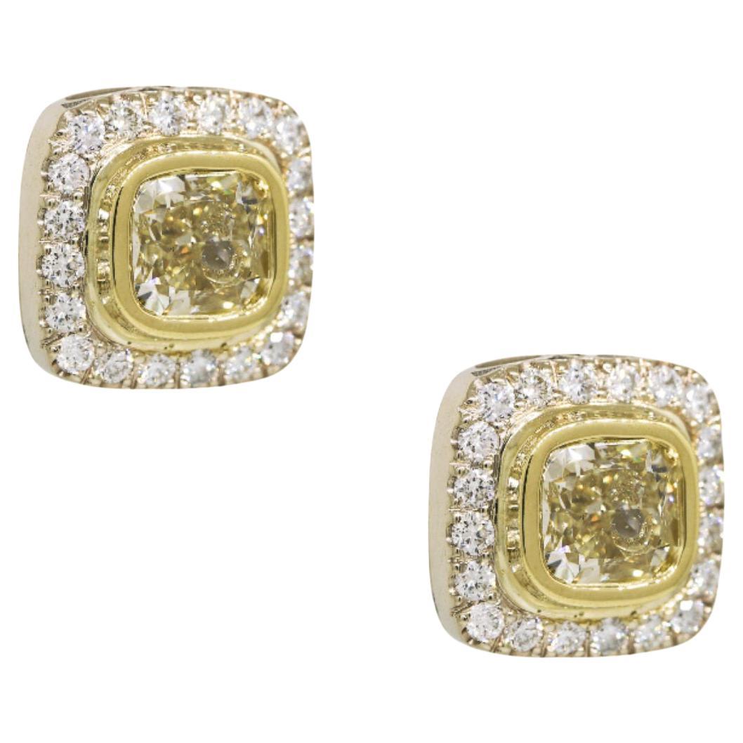Natural Fancy Yellow Cushion Cut Diamond Halo 18 Karat Earrings In Stock