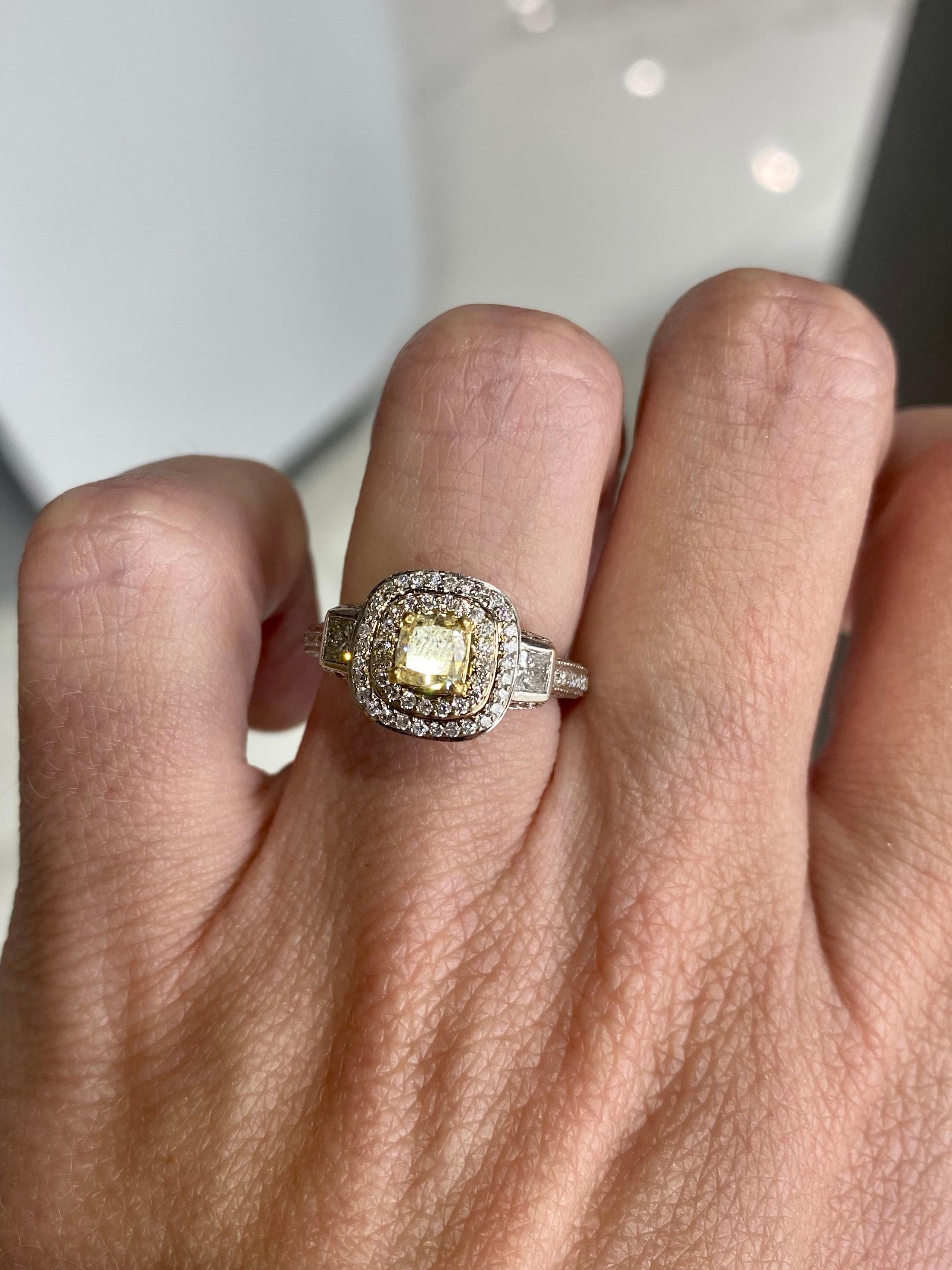 Fancy Yellow Cushion Cut Diamond with Two Princess Cut Diamonds & Double Halo In Excellent Condition For Sale In Houston, TX