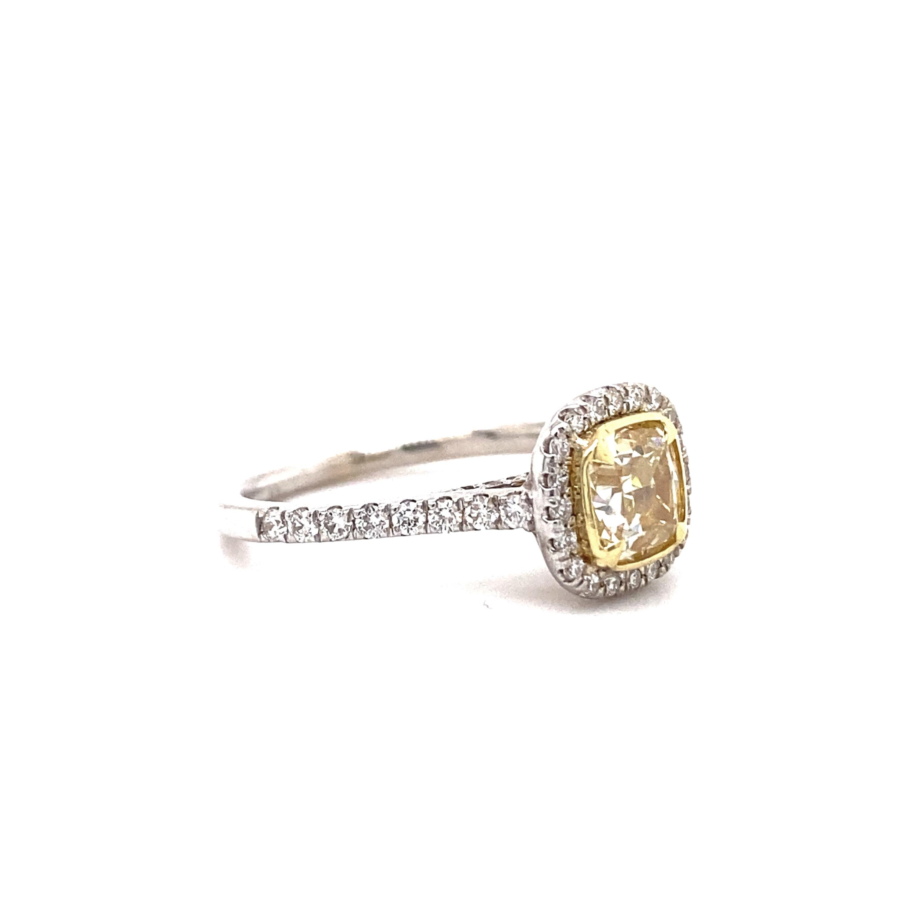 Fancy Yellow Cushion Diamond 1.37 Tcw Halo Design Engagement Ring 18kt WG and YG For Sale 6
