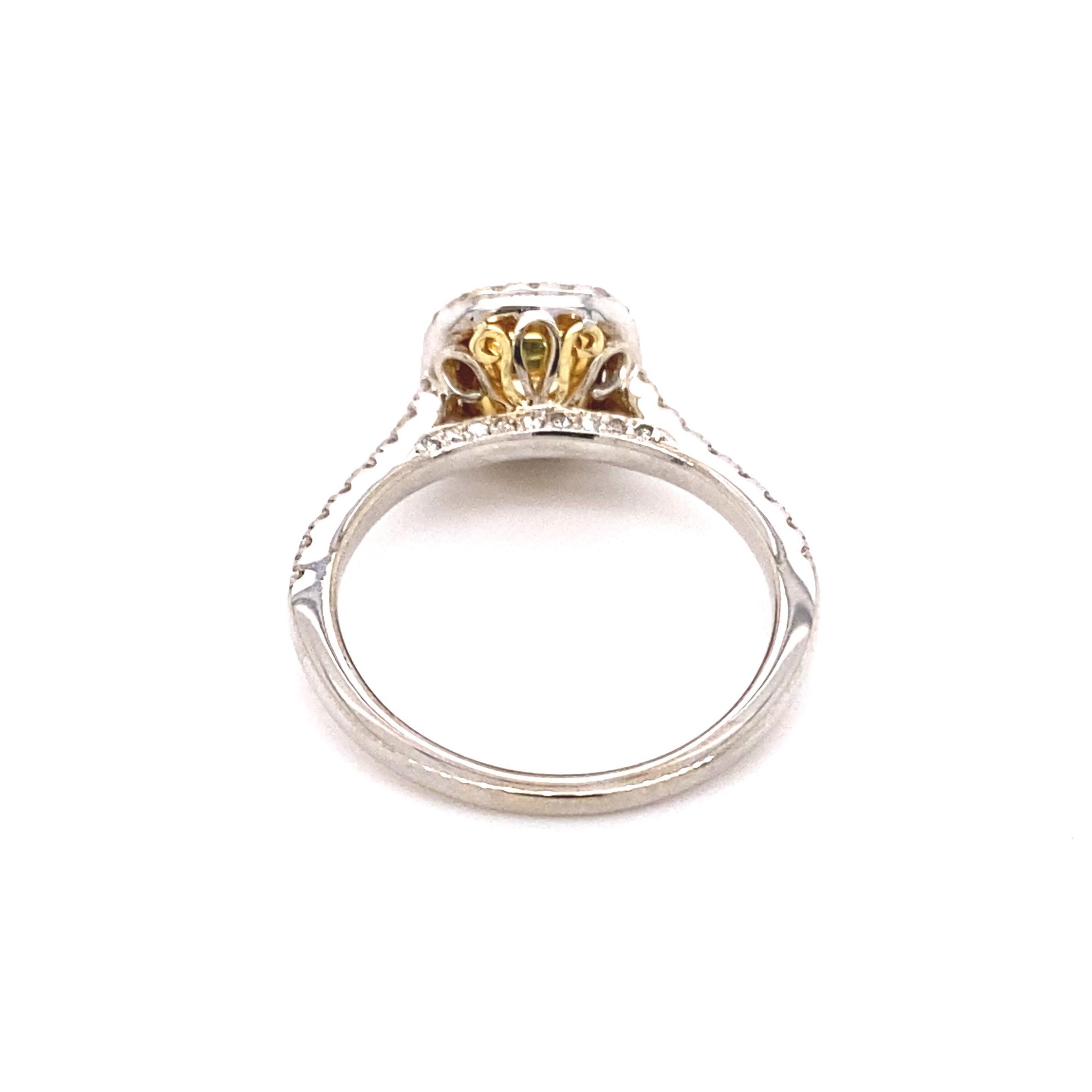 Fancy Yellow Cushion Diamond 1.37 Tcw Halo Design Engagement Ring 18kt WG and YG For Sale 8