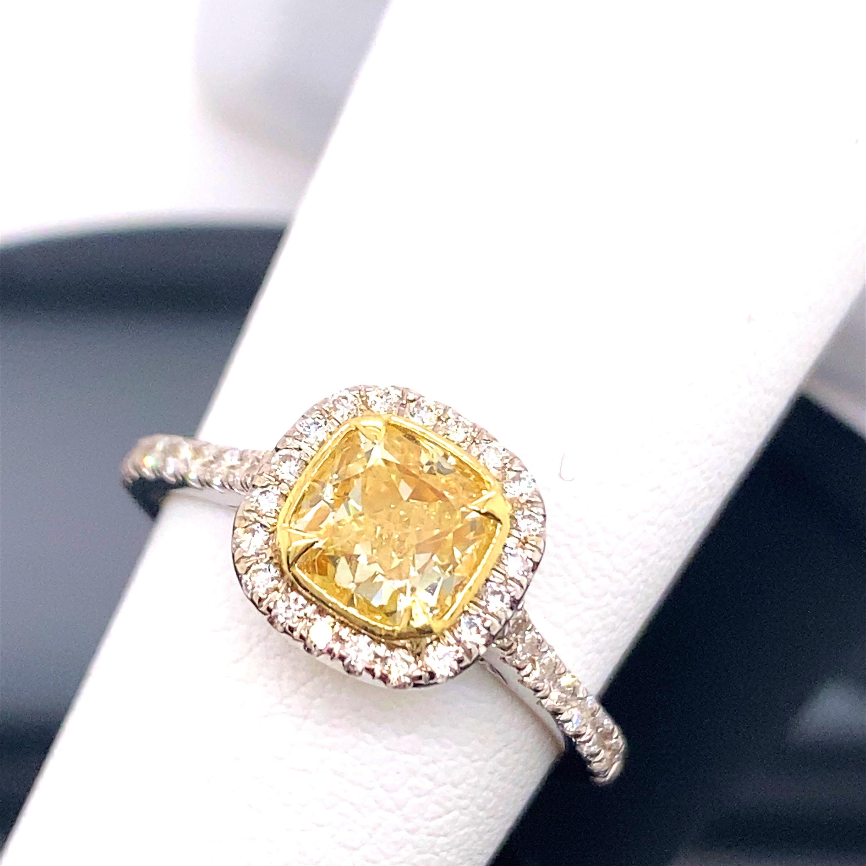Fancy Yellow Cushion Diamond 1.37 Tcw Halo Design Engagement Ring 18kt WG and YG For Sale 9