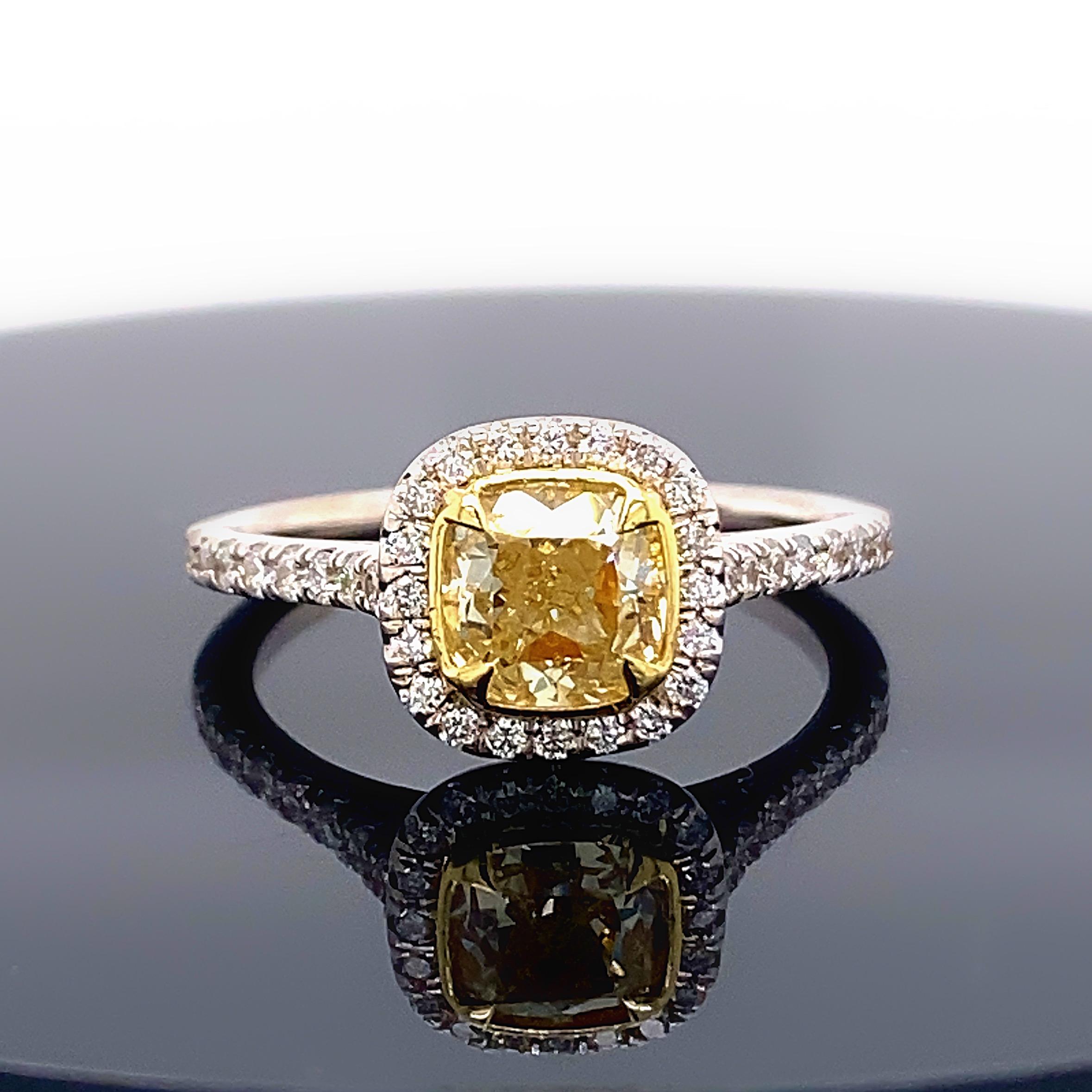 Fancy Yellow Cushion Diamond 1.37 Tcw Halo Design Engagement Ring 18kt WG and YG For Sale 10