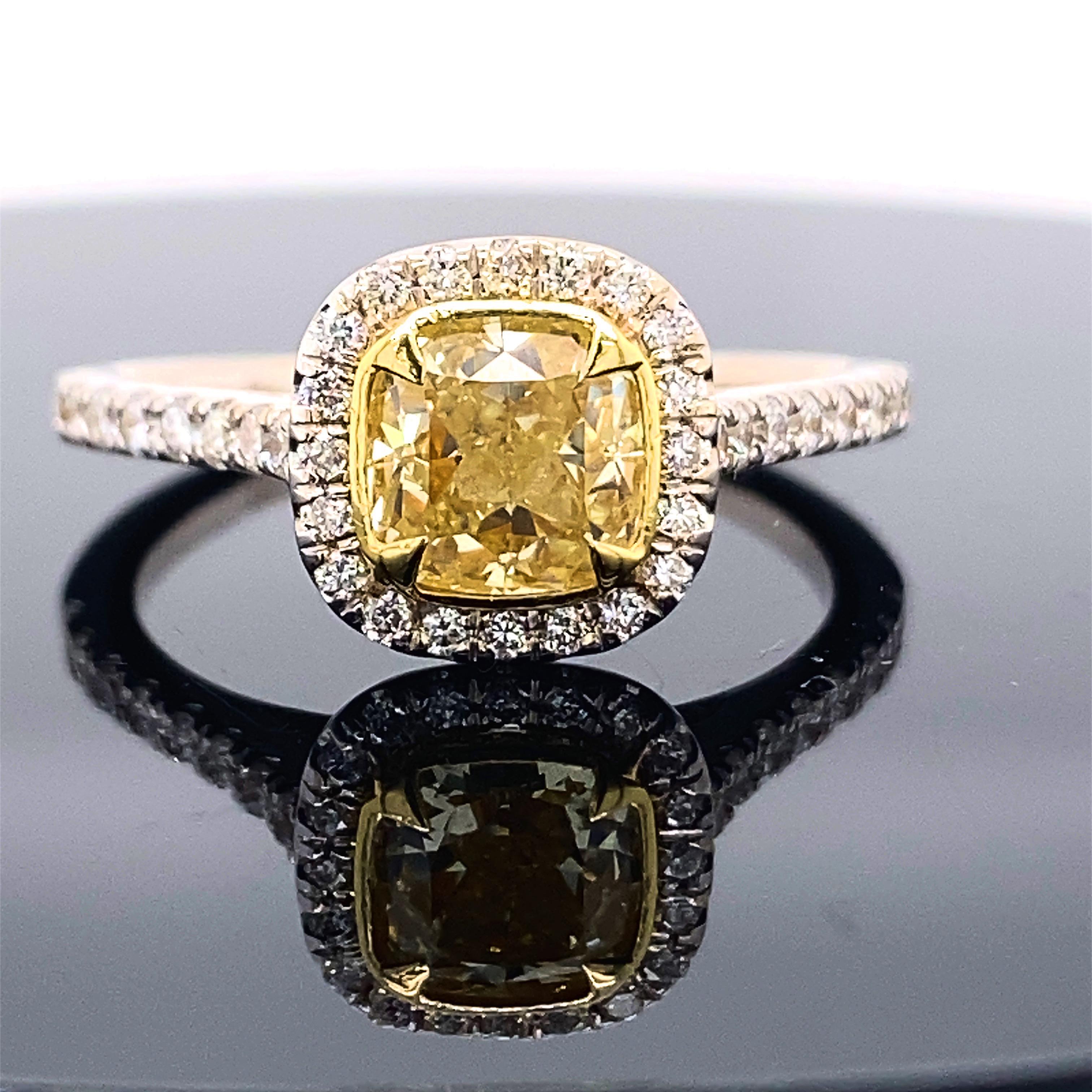 Fancy Yellow Cushion Diamond 1.37 Tcw Halo Design Engagement Ring 18kt WG and YG In Excellent Condition For Sale In San Diego, CA