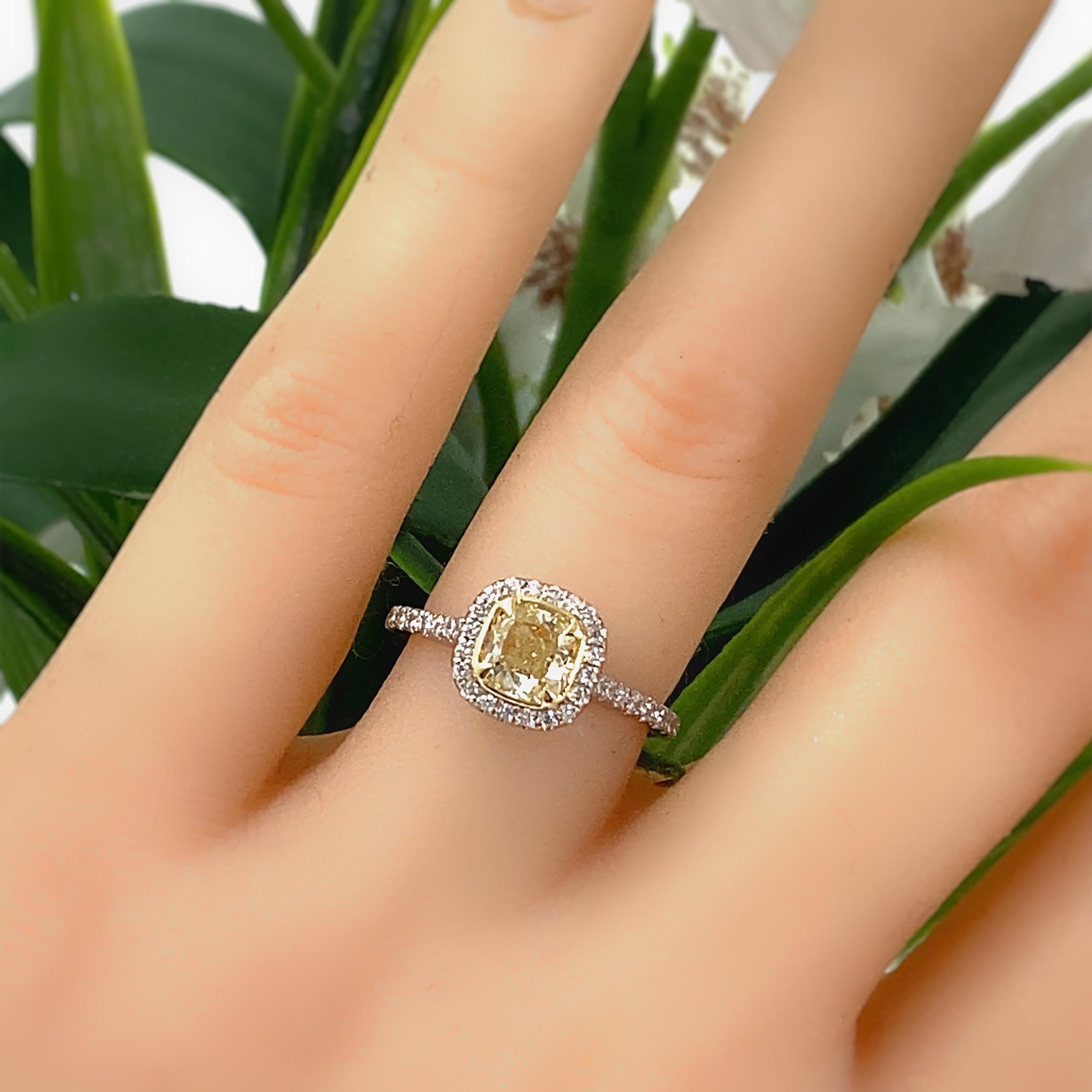 Women's or Men's Fancy Yellow Cushion Diamond 1.37 Tcw Halo Design Engagement Ring 18kt WG and YG For Sale