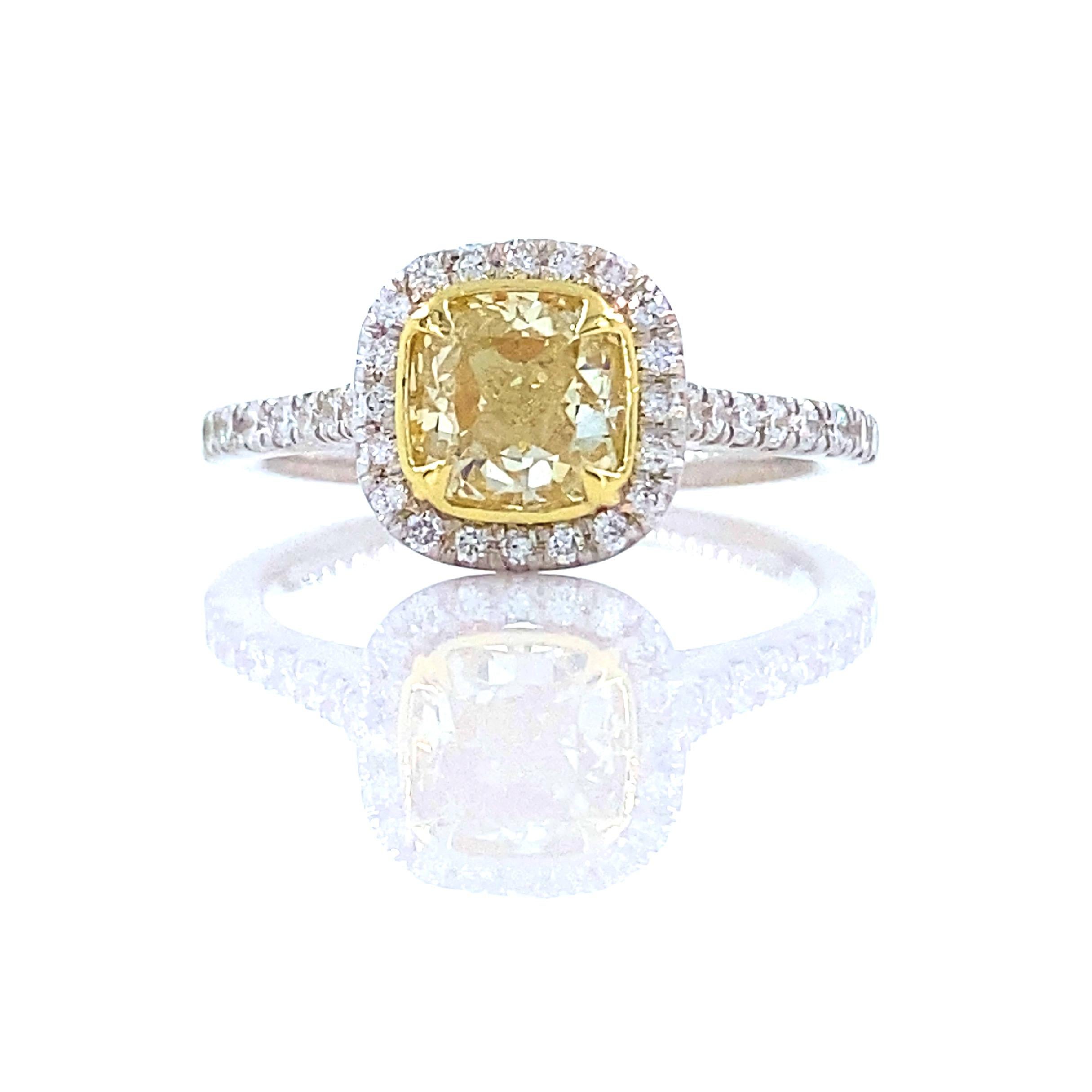 Fancy Yellow Cushion Diamond 1.37 Tcw Halo Design Engagement Ring 18kt WG and YG For Sale 1