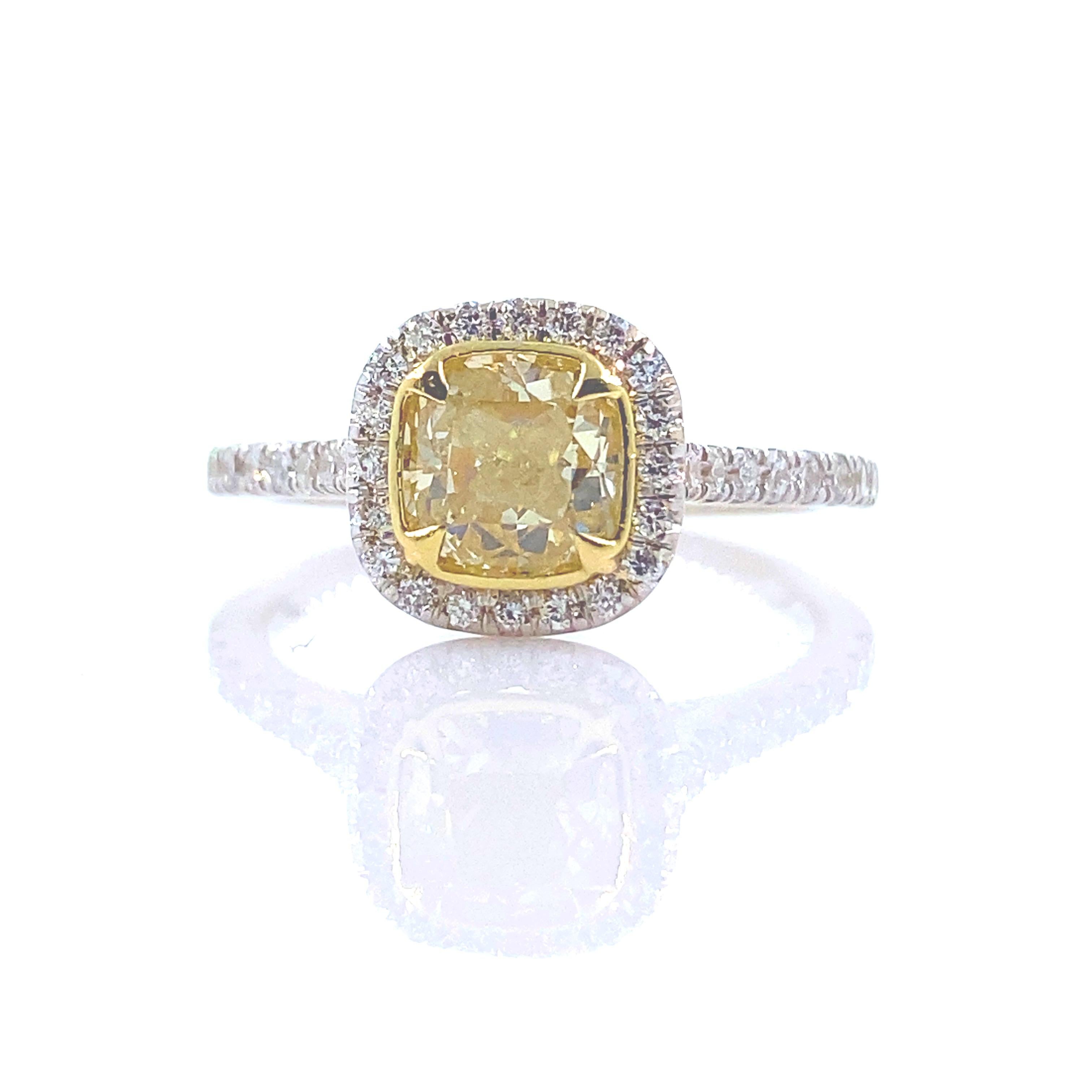 Fancy Yellow Cushion Diamond 1.37 Tcw Halo Design Engagement Ring 18kt WG and YG For Sale 2