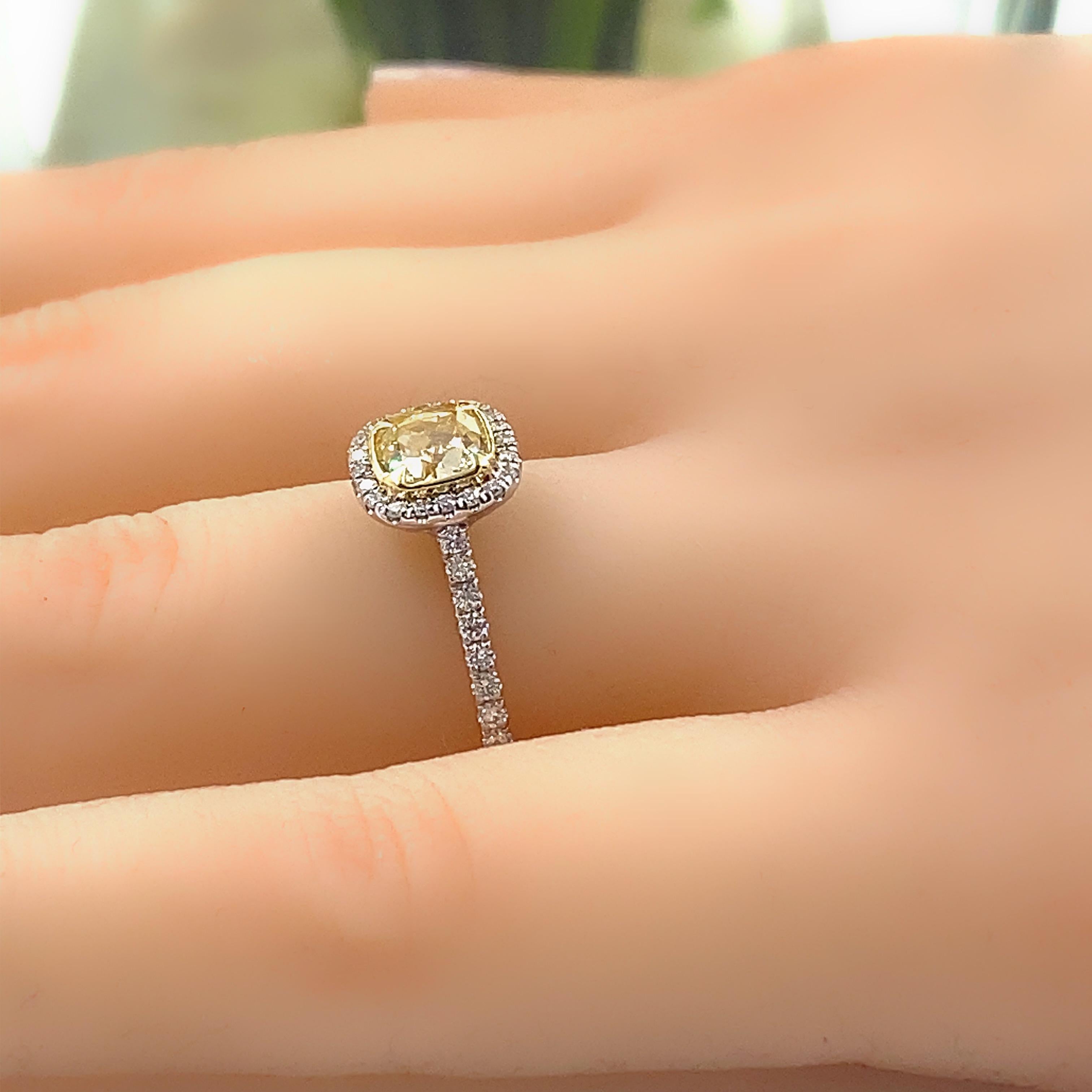 Fancy Yellow Cushion Diamond 1.37 Tcw Halo Design Engagement Ring 18kt WG and YG For Sale 3