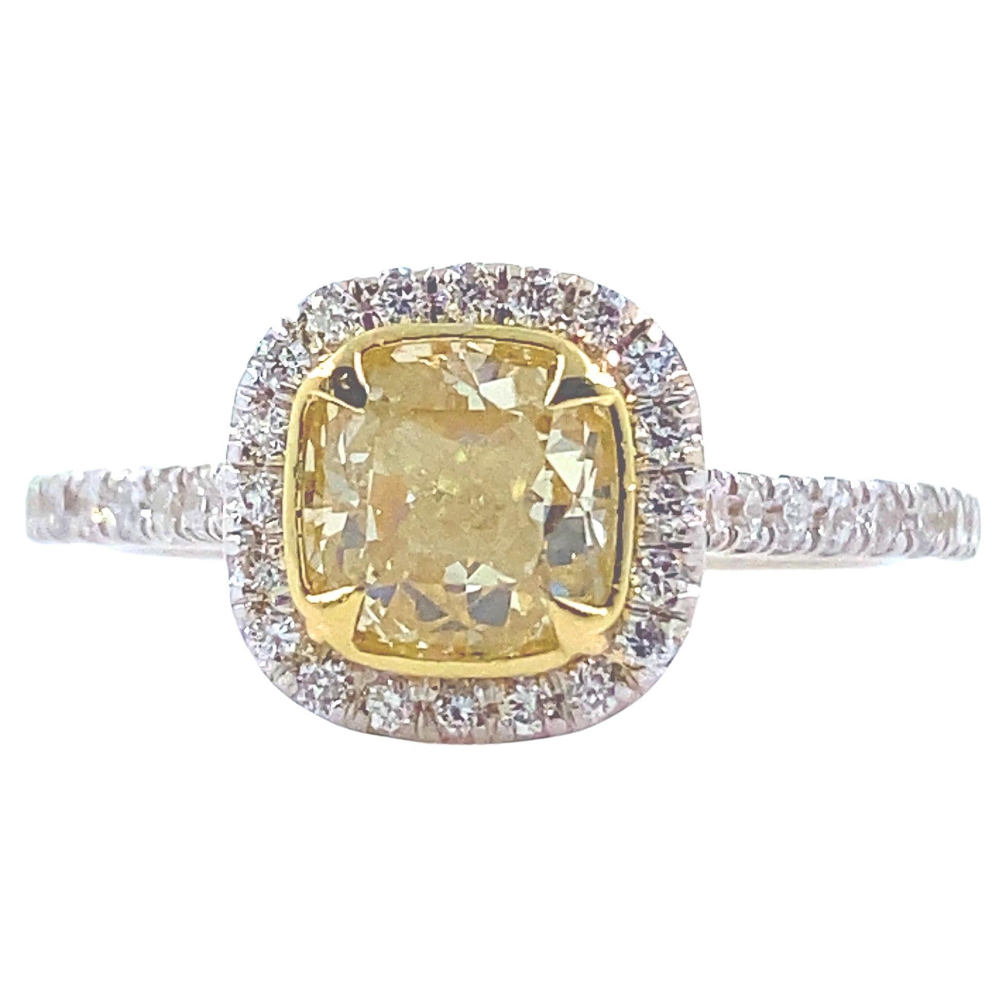 Fancy Yellow Cushion Diamond 1.37 Tcw Halo Design Engagement Ring 18kt WG and YG For Sale