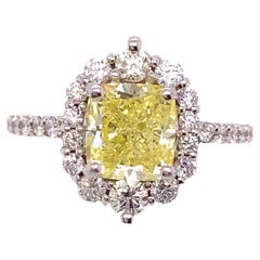 Fancy Yellow Cushion Diamond 2.01 Tcw Halo Design Engagement Ring 14kt YG GIA