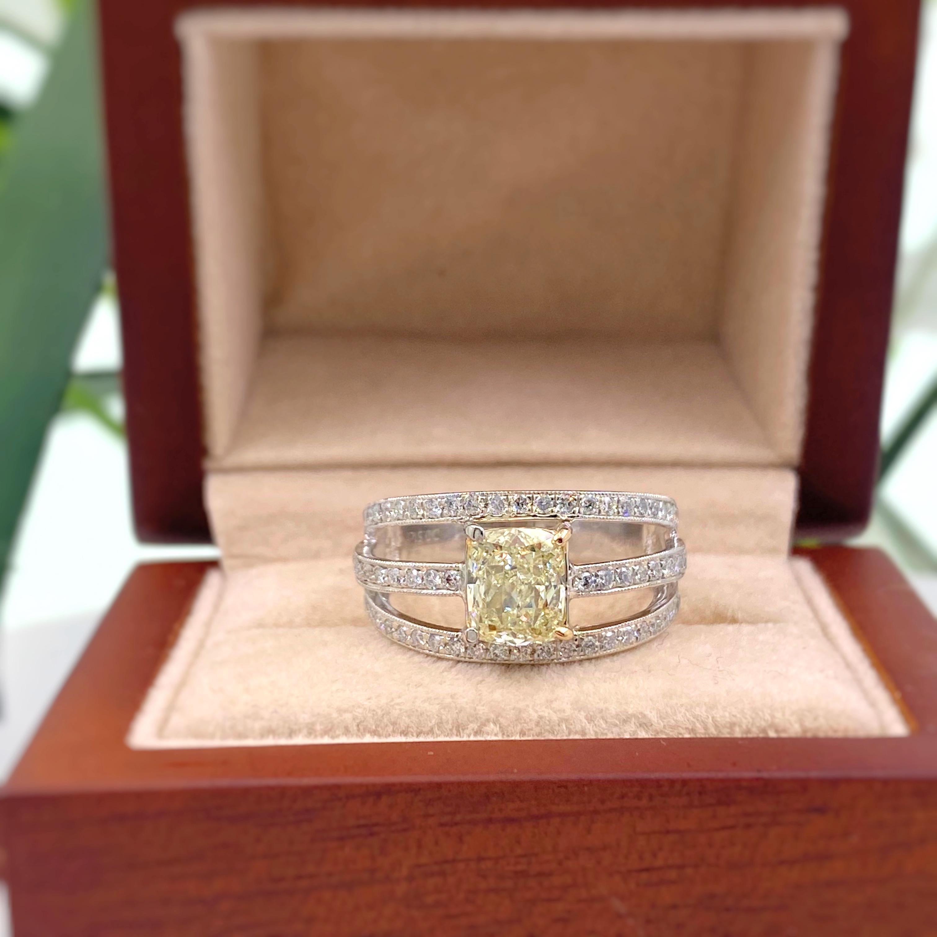 Fancy Yellow Cushion Diamond 3-Row 1.88 Carat Orianne Designer Platinum Ring For Sale 4