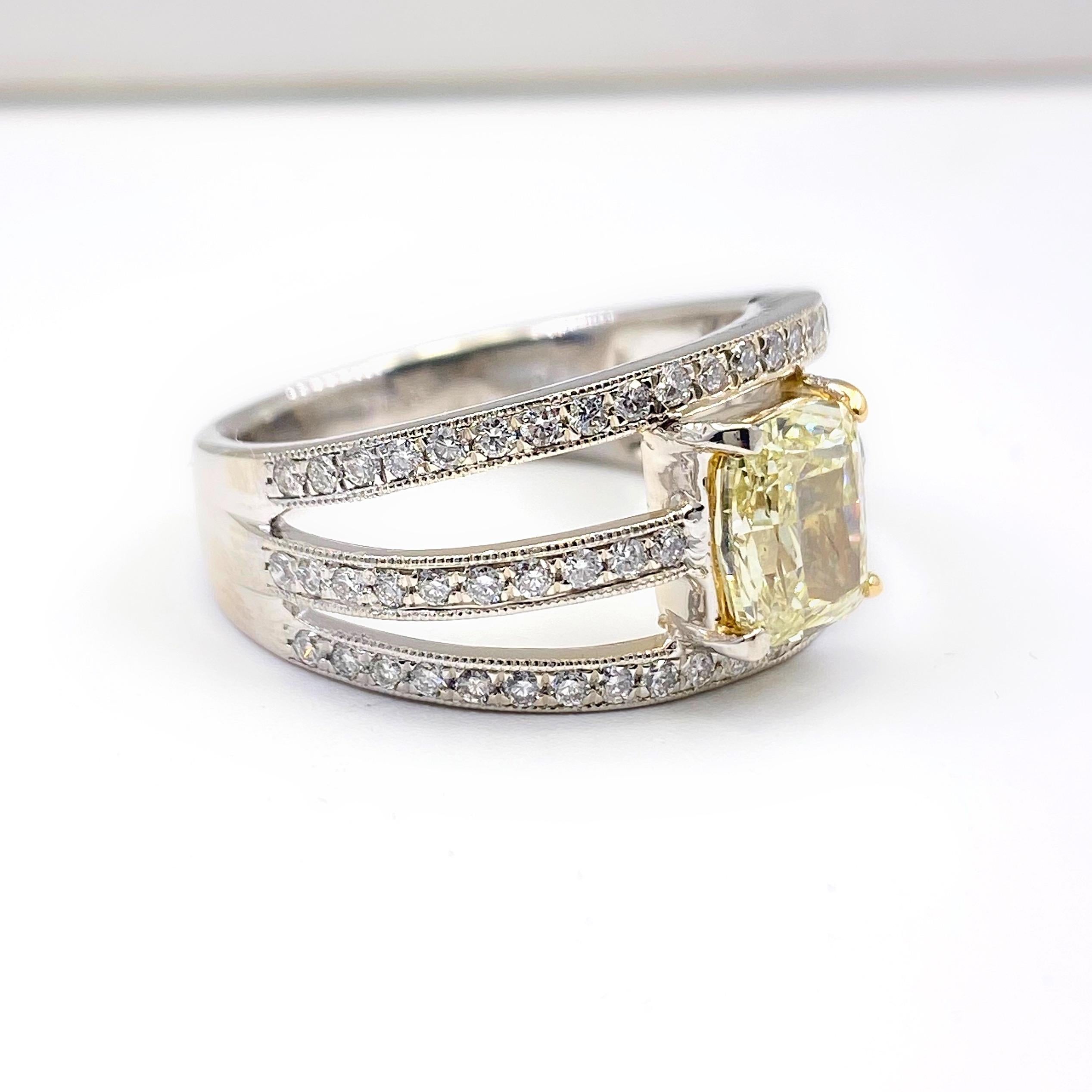 Fancy Yellow Cushion Diamond 3-Row 1.88 Carat Orianne Designer Platinum Ring For Sale 5