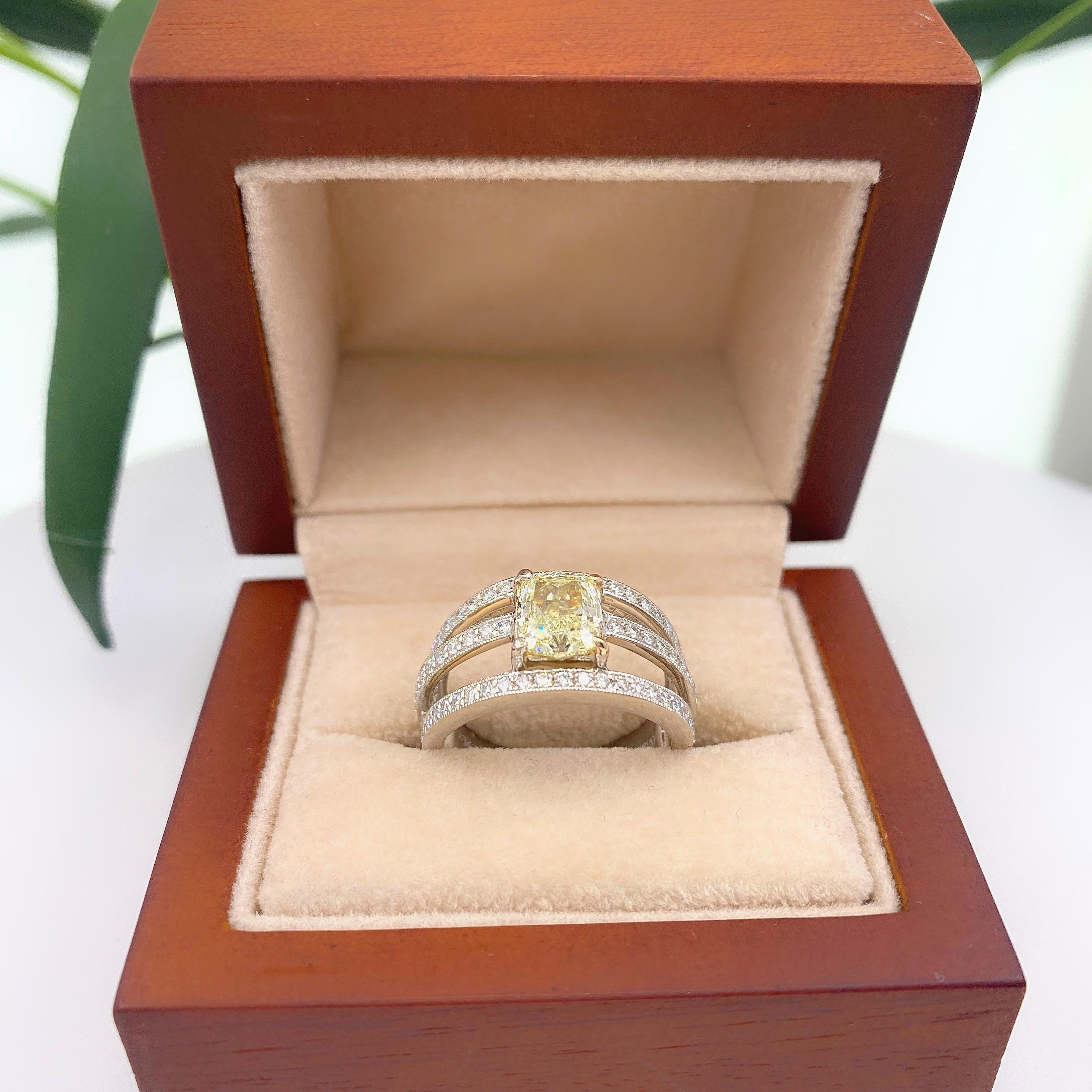 Fancy Yellow Cushion Diamond 3-Row 1.88 Carat Orianne Designer Platinum Ring For Sale 2