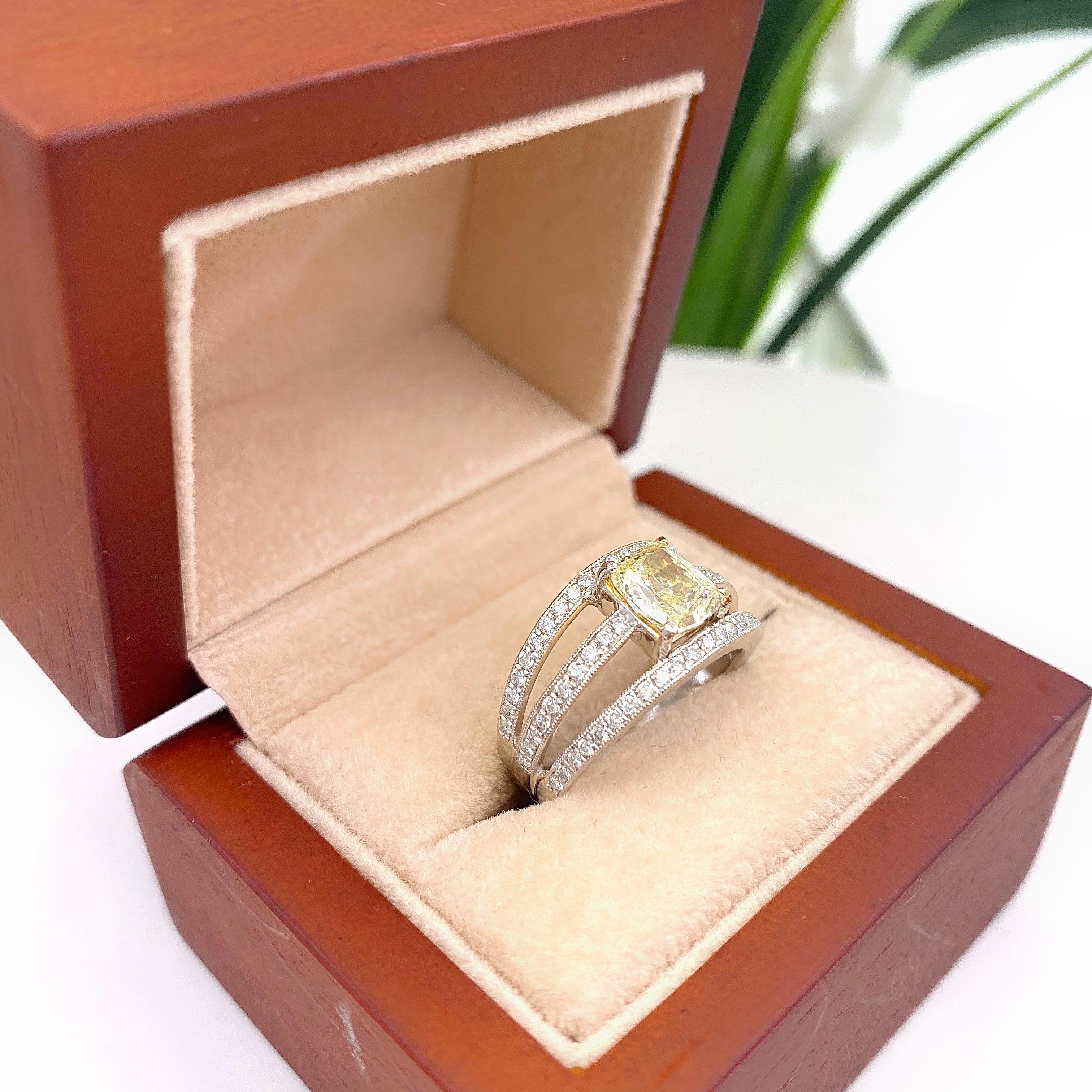 Fancy Yellow Cushion Diamond 3-Row 1.88 Carat Orianne Designer Platinum Ring For Sale 3