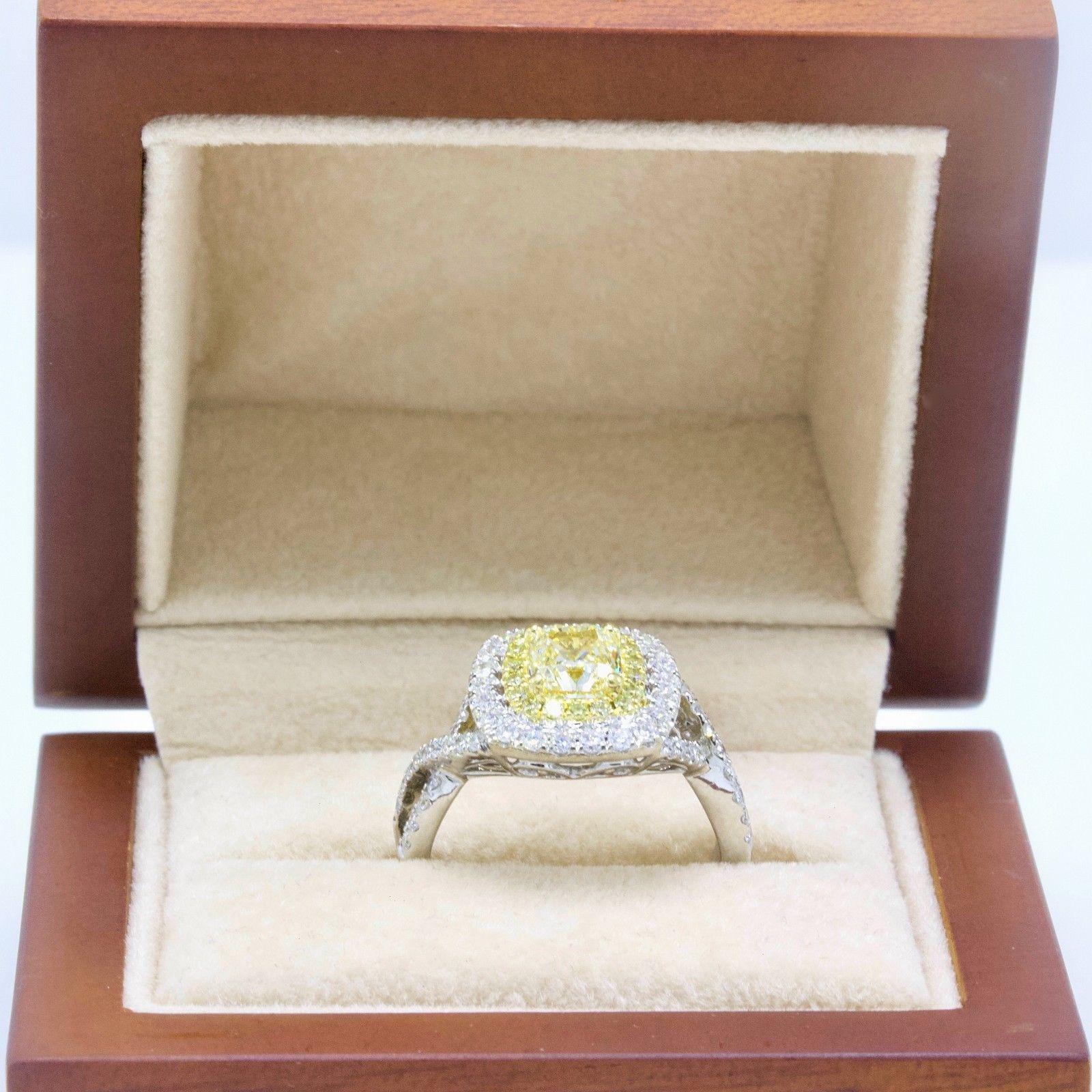 Fancy Yellow Cushion Diamond Halo Engagement Ring 1.75 Carat in 18 Karat Gold 5