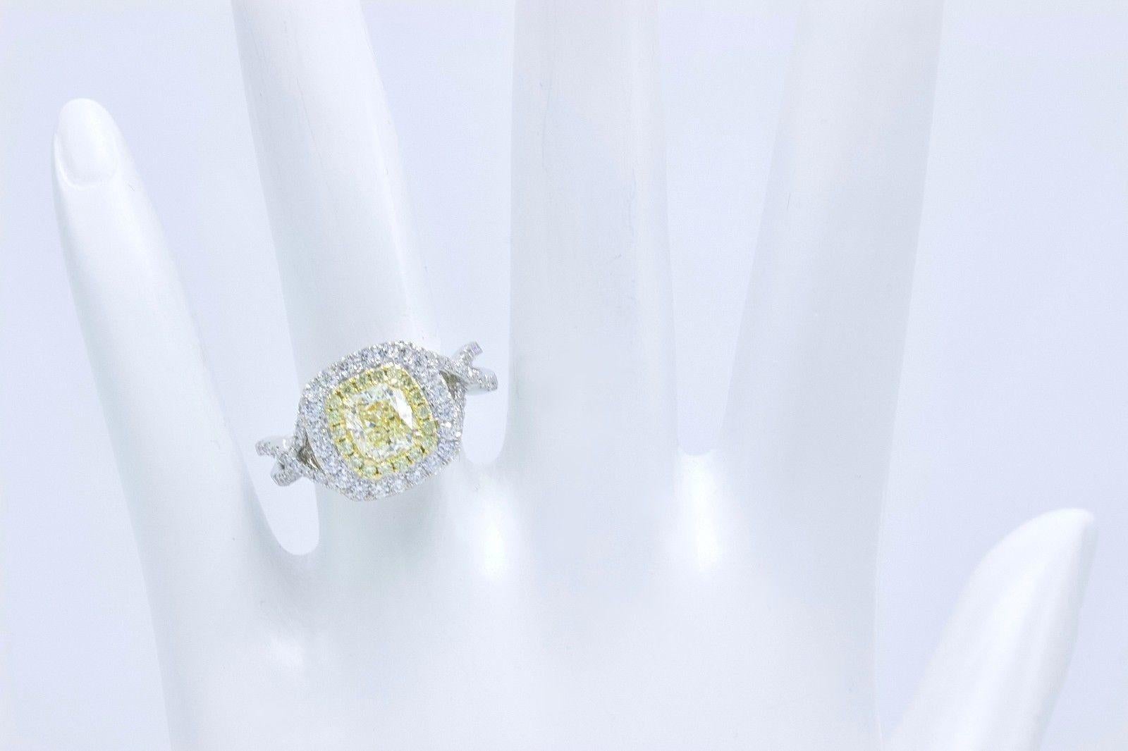 Fancy Yellow Cushion Diamond Halo Engagement Ring 1.75 Carat in 18 Karat Gold In Excellent Condition In San Diego, CA