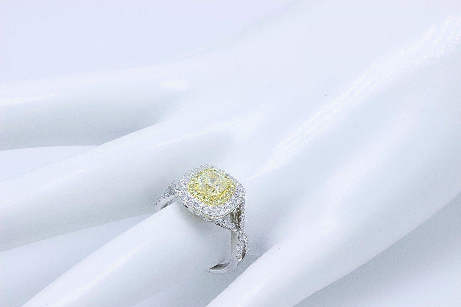 Women's Fancy Yellow Cushion Diamond Halo Engagement Ring 1.75 Carat in 18 Karat Gold