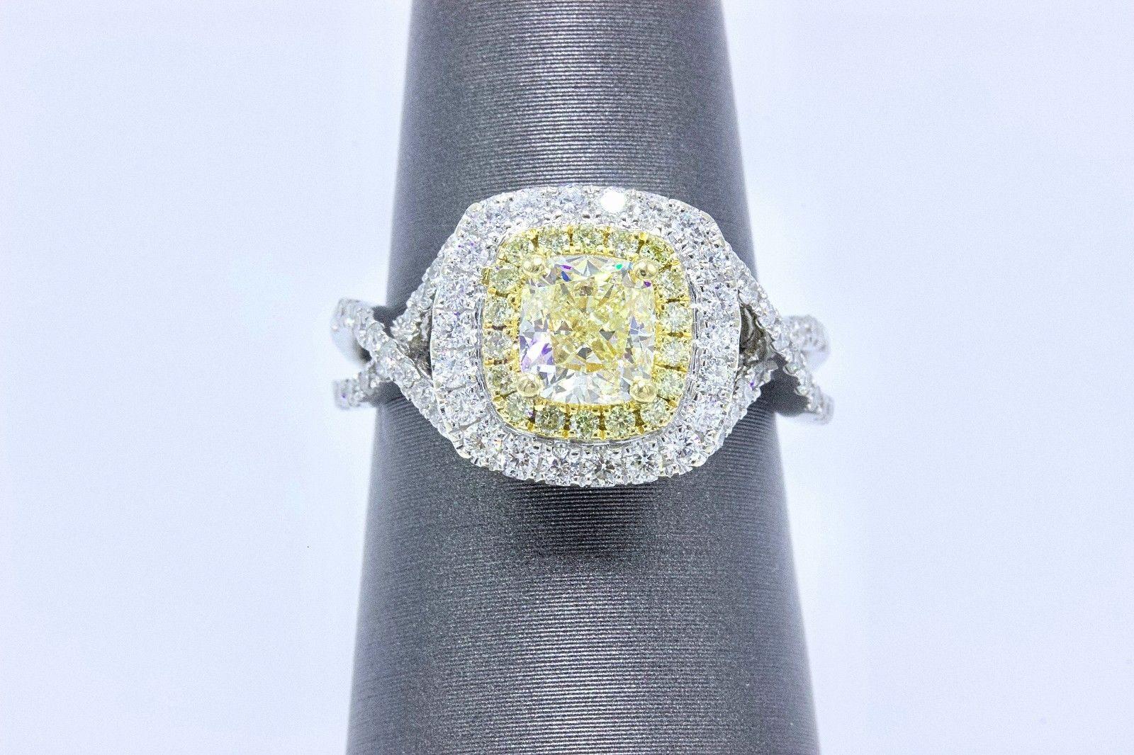 Fancy Yellow Cushion Diamond Halo Engagement Ring 1.75 Carat in 18 Karat Gold 1