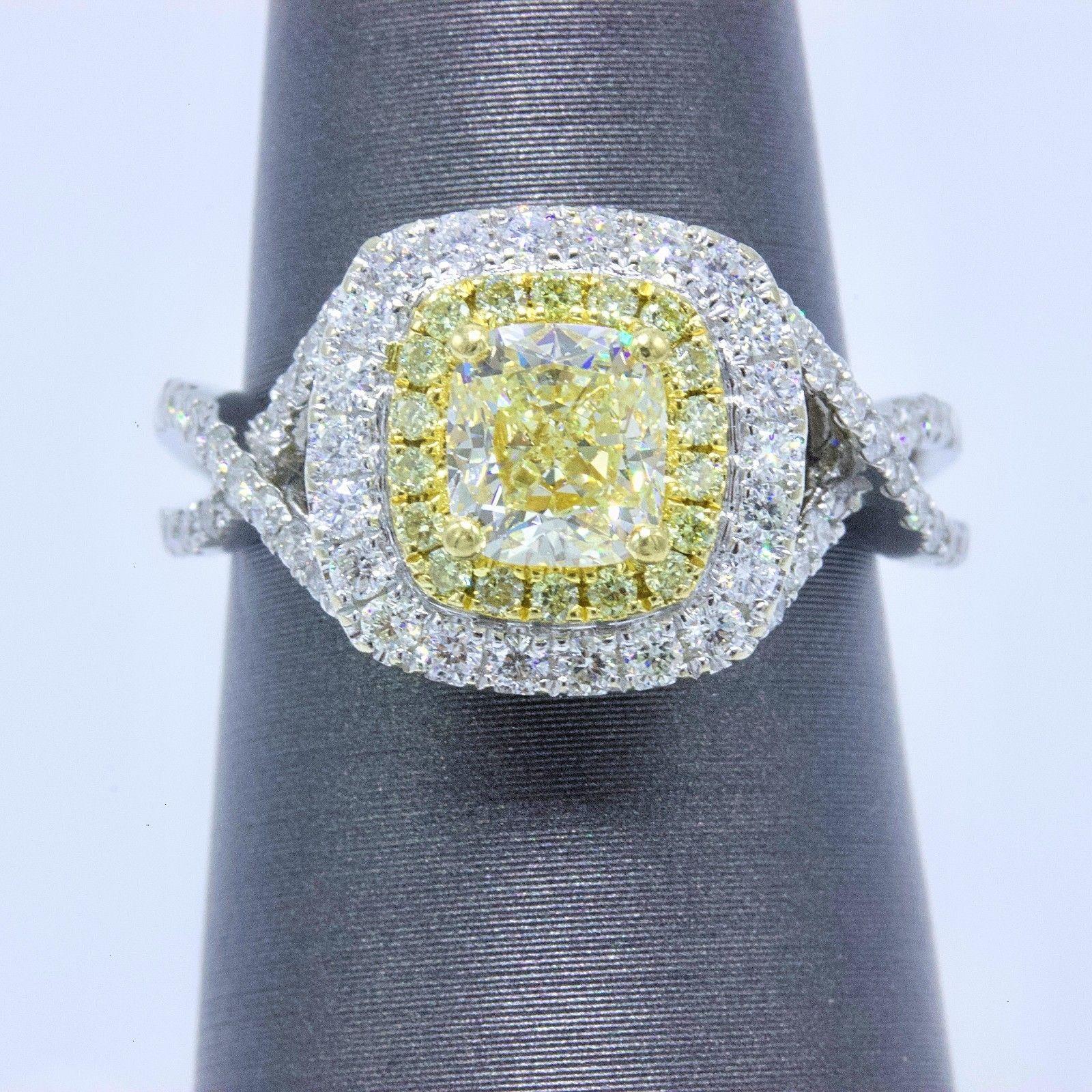 Fancy Yellow Cushion Diamond Halo Engagement Ring 1.75 Carat in 18 Karat Gold 2