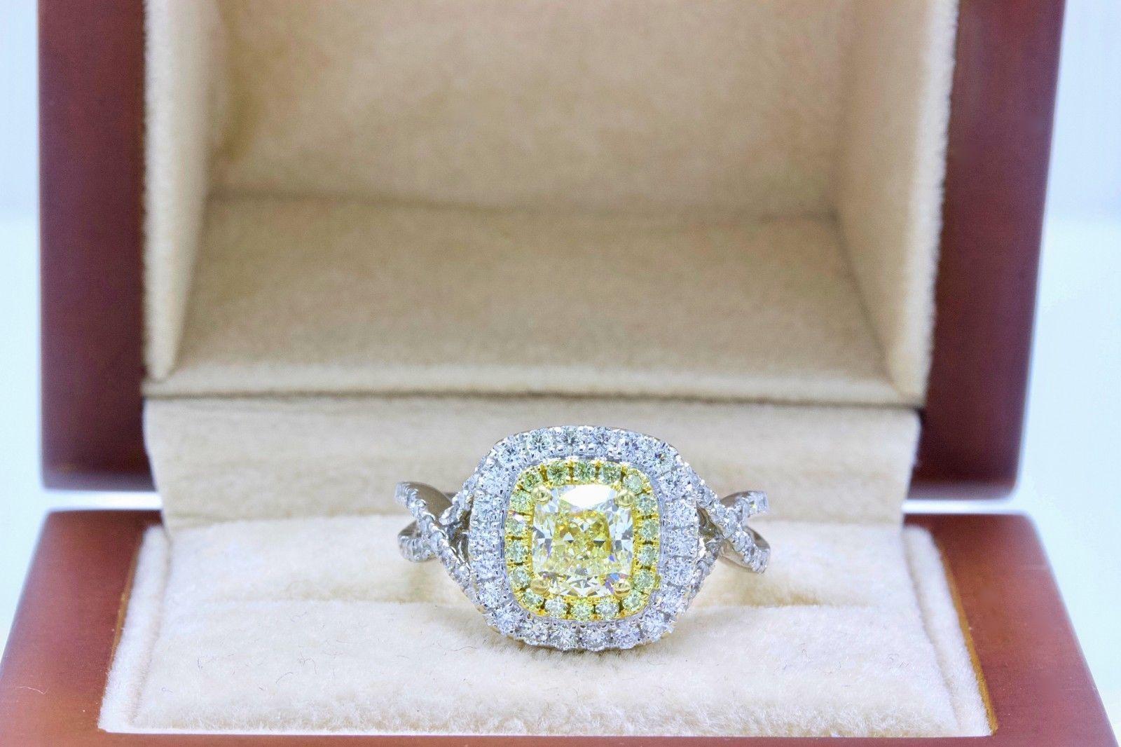 Fancy Yellow Cushion Diamond Halo Engagement Ring 1.75 Carat in 18 Karat Gold 3